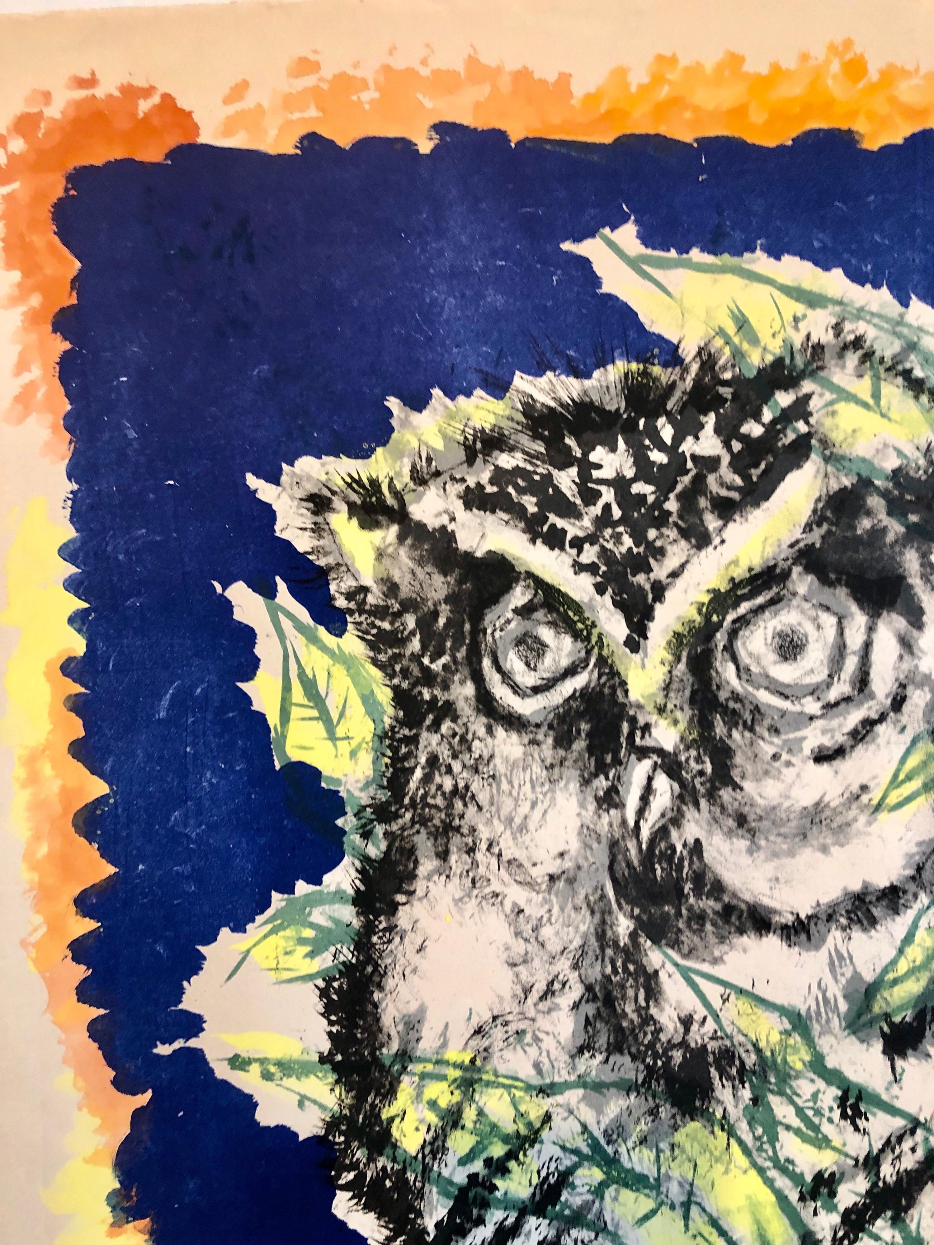 Vintage French Modernist Jean Lurcat Watercolor Painting Mod Blue and Orange Owl For Sale 3