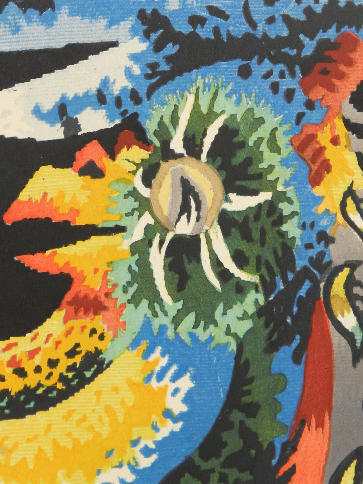 Jean Lurcat Lithograph Coq Guerrier Hand Signed c1950-1960 unframed on card
French Fighting Cock 
Typically hand signed in red crayon by the artist Jean Lurcat 1892-1966  
Famous Mid Century Painter Cartonnier Tapestry designer
Unframed on card with