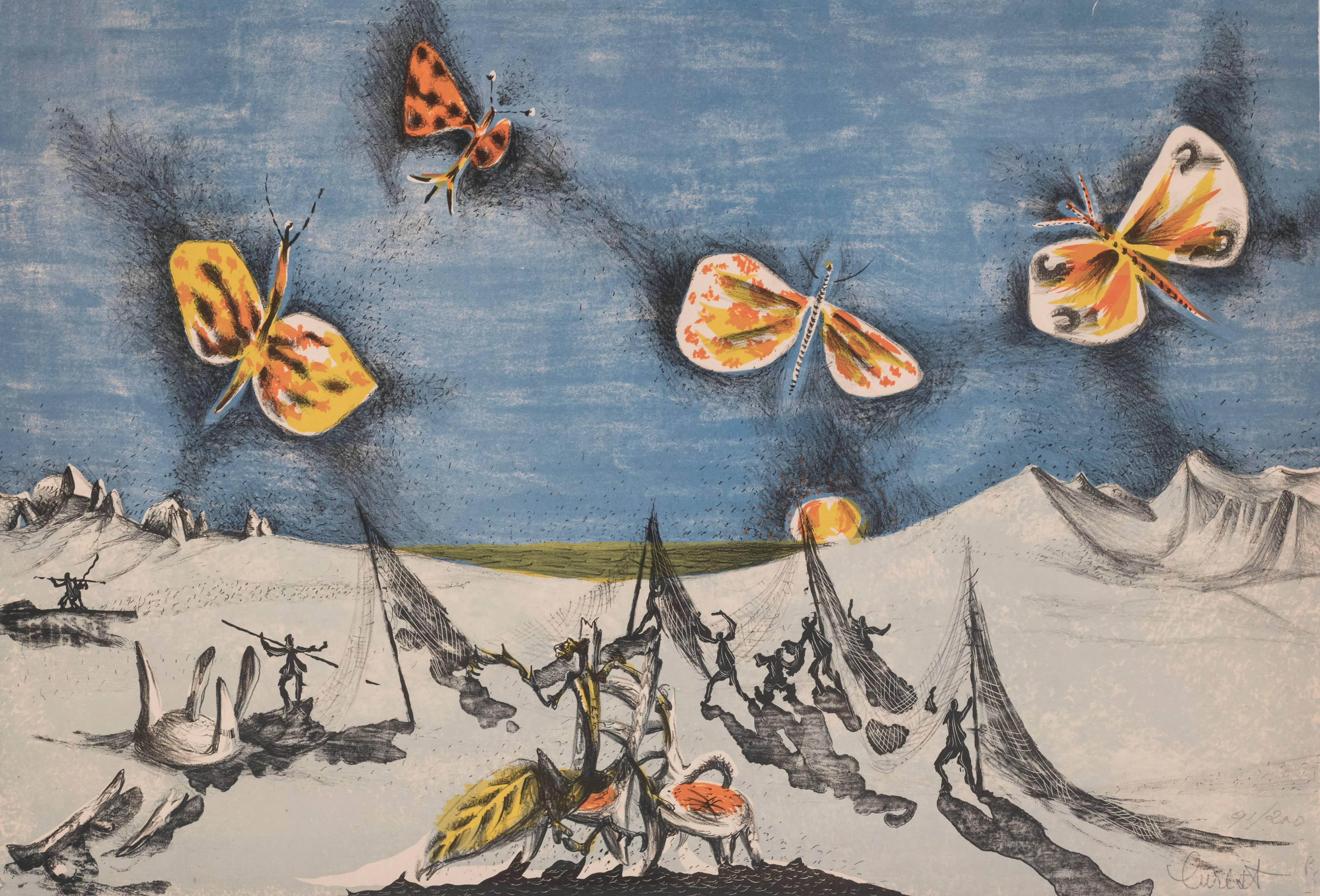 Jean Lurcat Landscape Print - Landscape with Butterfilies 