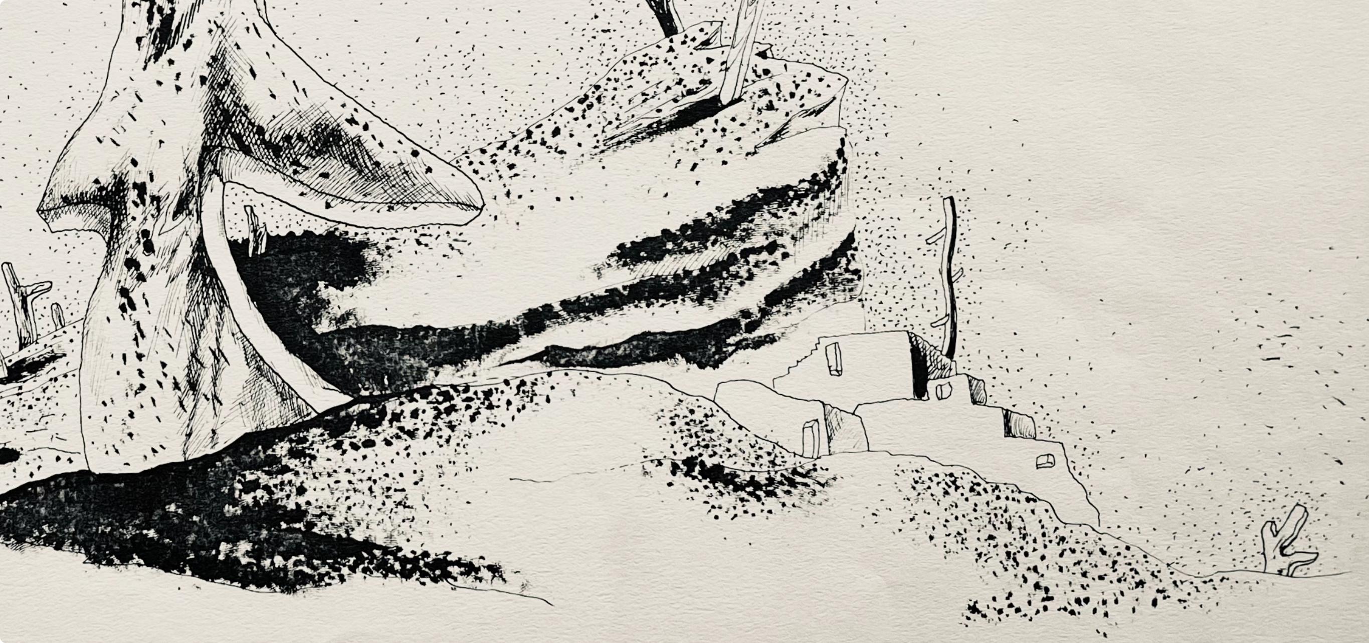 Lurçat, derniers monuments aux victimes, huit dessins à la plume (after) - Beige Figurative Print by Jean Lurcat
