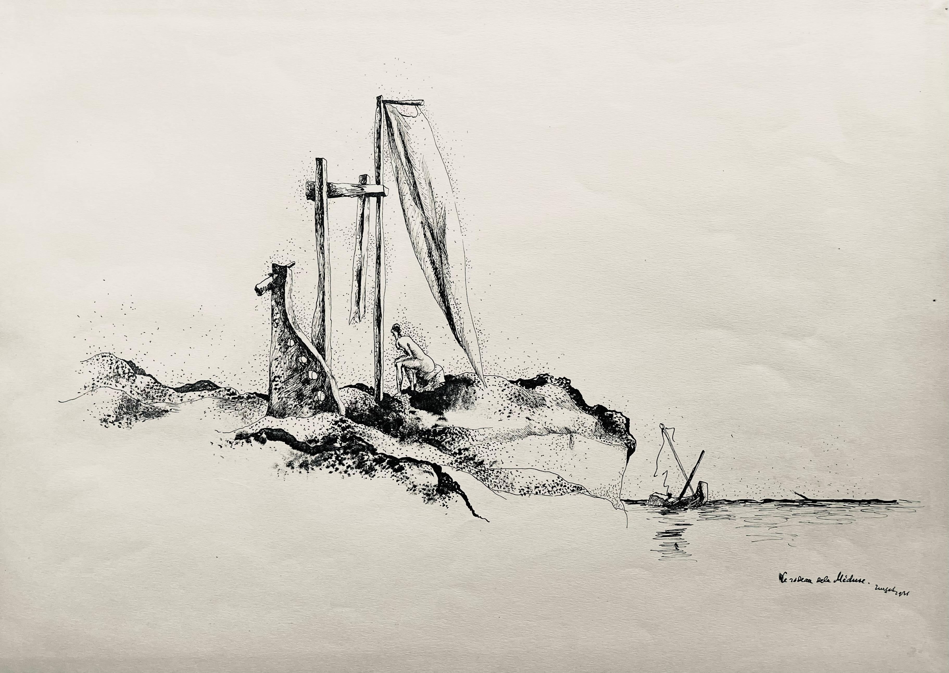 Jean Lurcat Figurative Print - Lurçat, le radeau de la méduse, huit dessins à la plume (after)