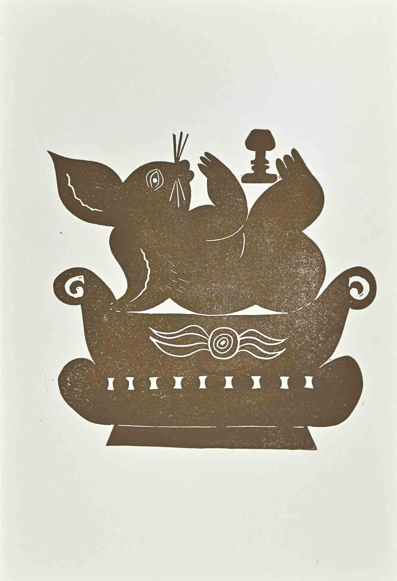 Figurative Print Jean Lurcat - Le lapin dans un vase - Lithographie de Jean Lurat - Milieu du XXe siècle