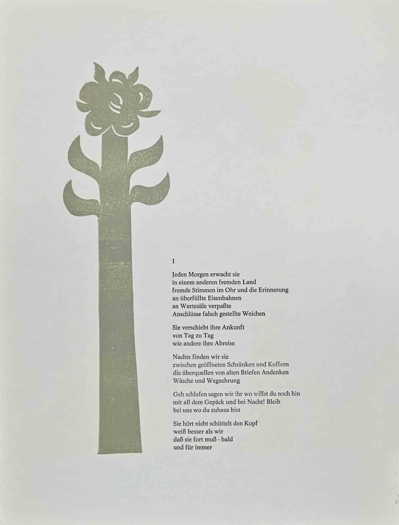 Figurative Print Jean Lurcat - L'arbre avec un poème - Lithographie de Jean Lurat - Milieu du XXe siècle