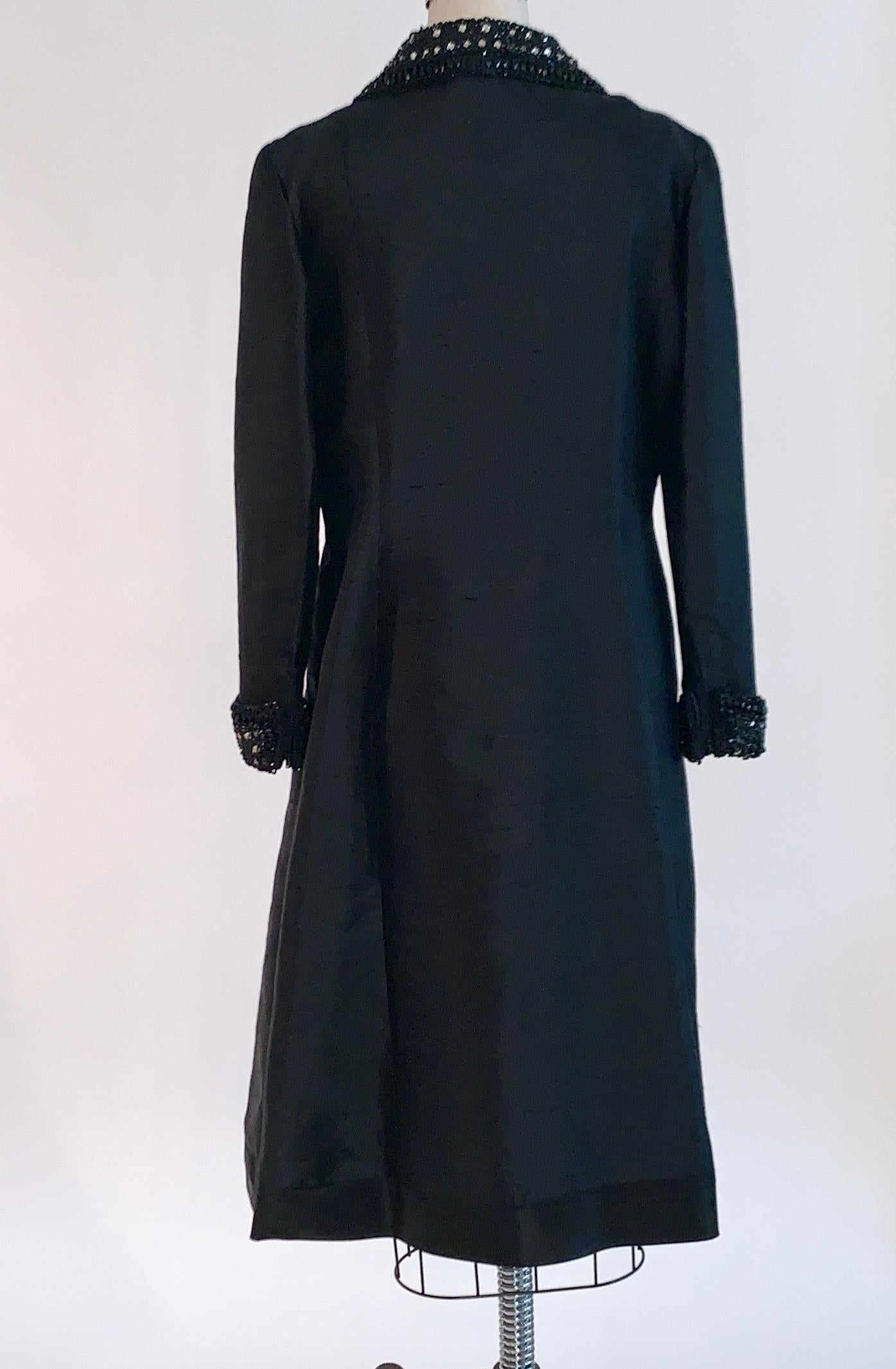 Women's Jean Lutece 1960s Vintage Beaded Black Silk Embellished Coat Dress For Sale