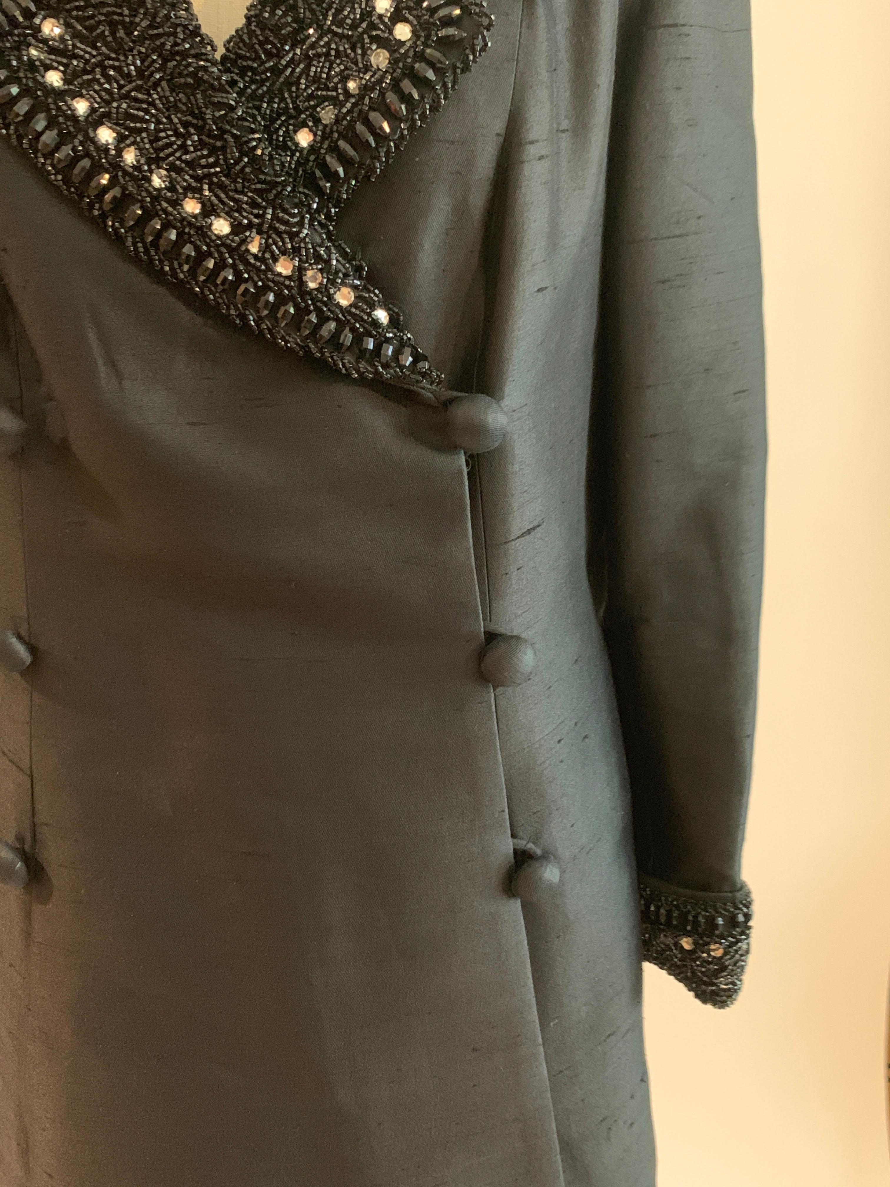 Jean Lutece 1960s Vintage Beaded Black Silk Embellished Coat Dress For Sale 3