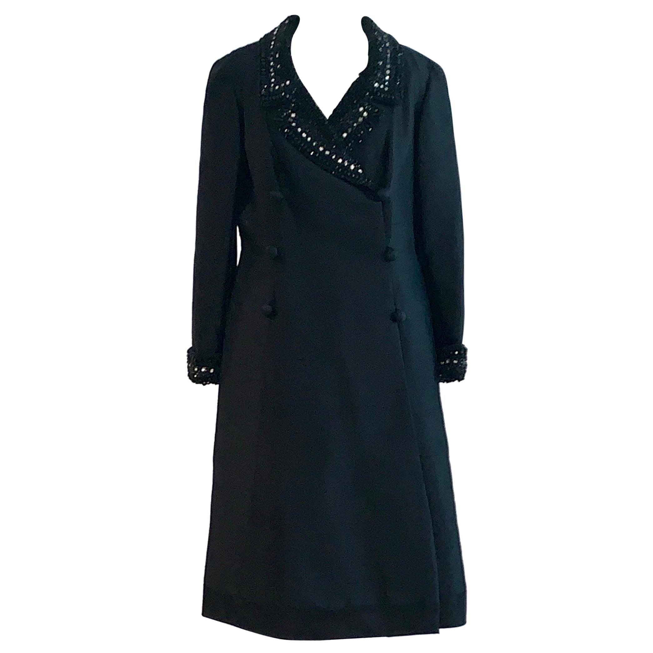 Jean Lutece 1960s Vintage Beaded Black Silk Embellished Coat Dress For Sale