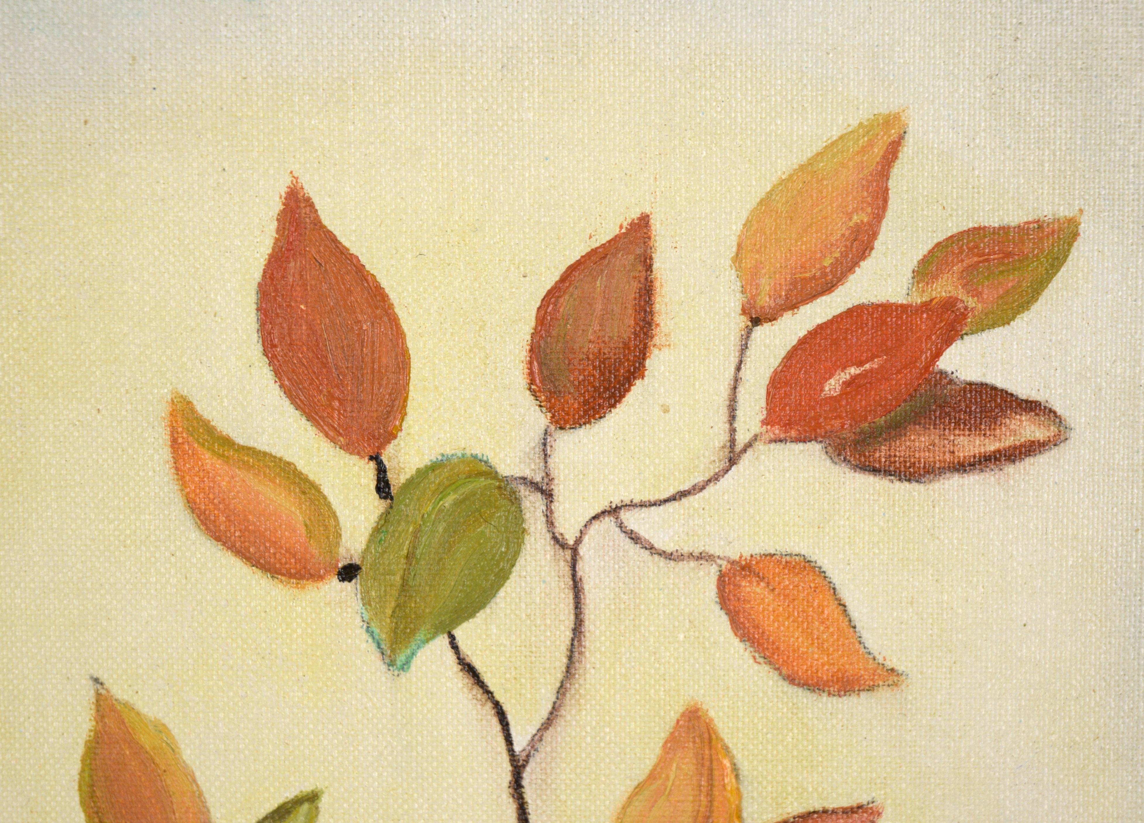 Mid-Century-Stillleben mit gelben Blumen und orangefarbenen Blättern – Painting von Jean M. Stites