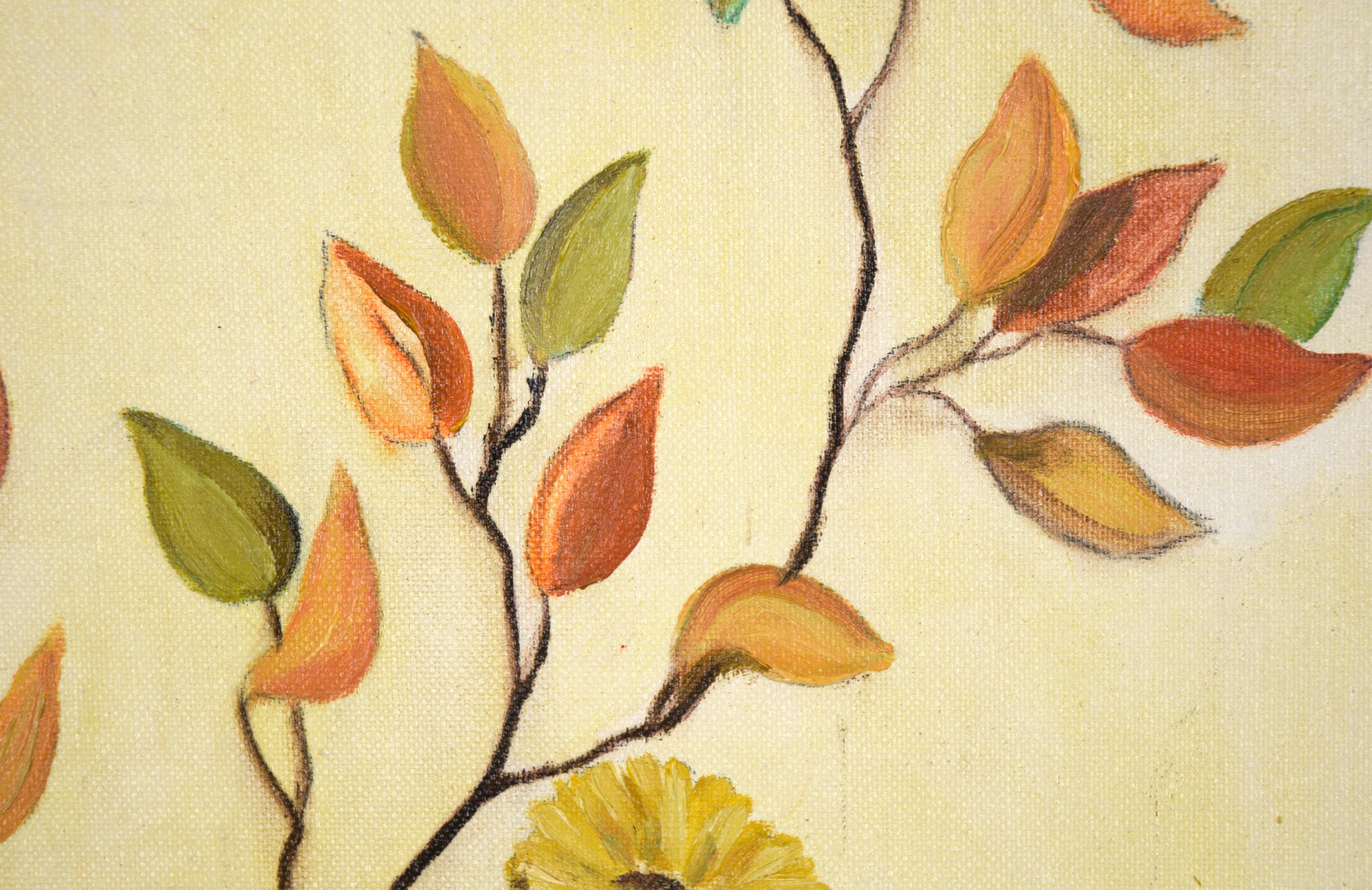 Mid-Century-Stillleben mit gelben Blumen und orangefarbenen Blättern (Amerikanischer Impressionismus), Painting, von Jean M. Stites