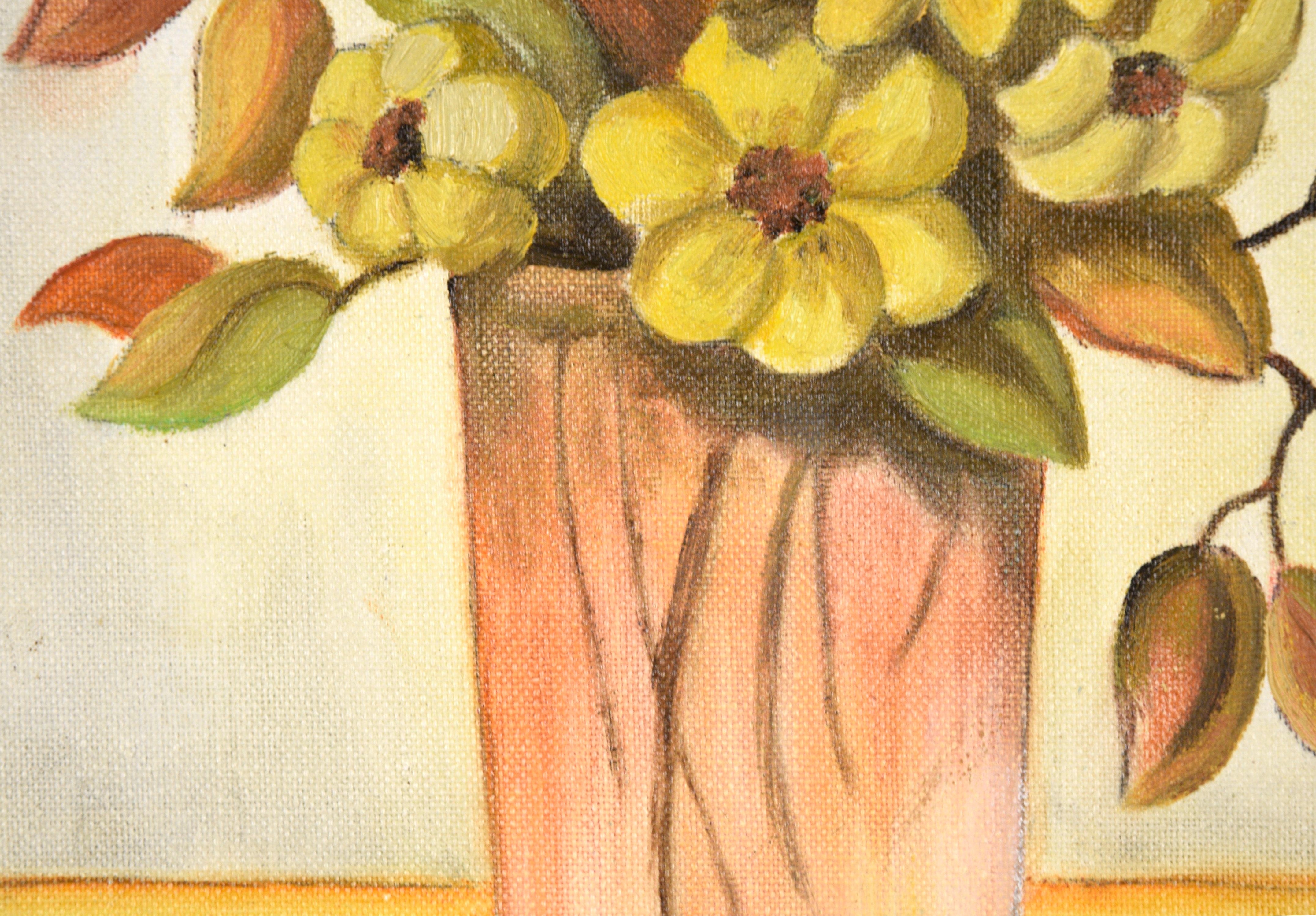 Mid Century Still Life with Yellow Flowers and Orange Leaves - Beige Still-Life Painting by Jean M. Stites