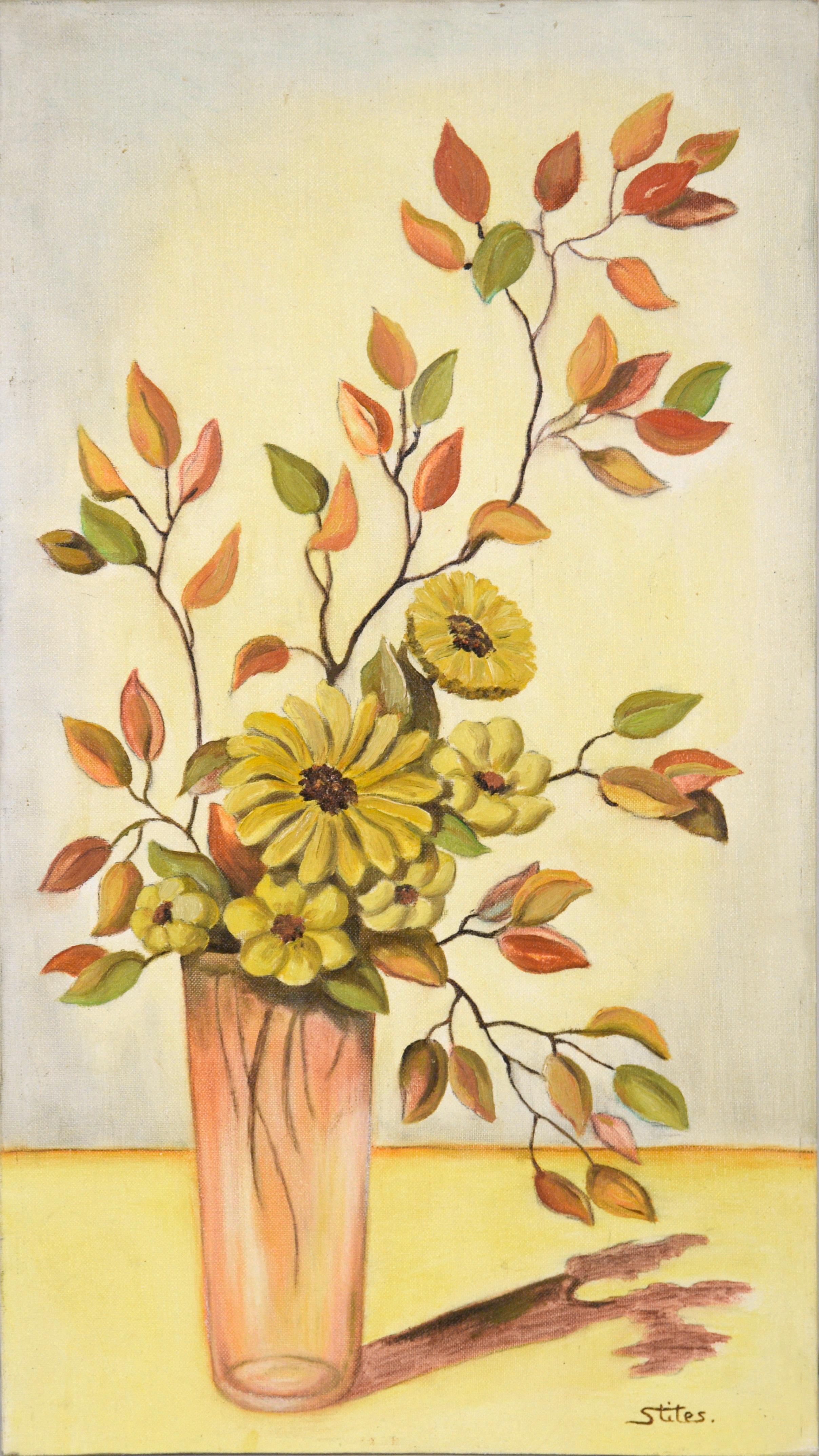 Mid Century Still Life with Yellow Flowers and Orange Leaves