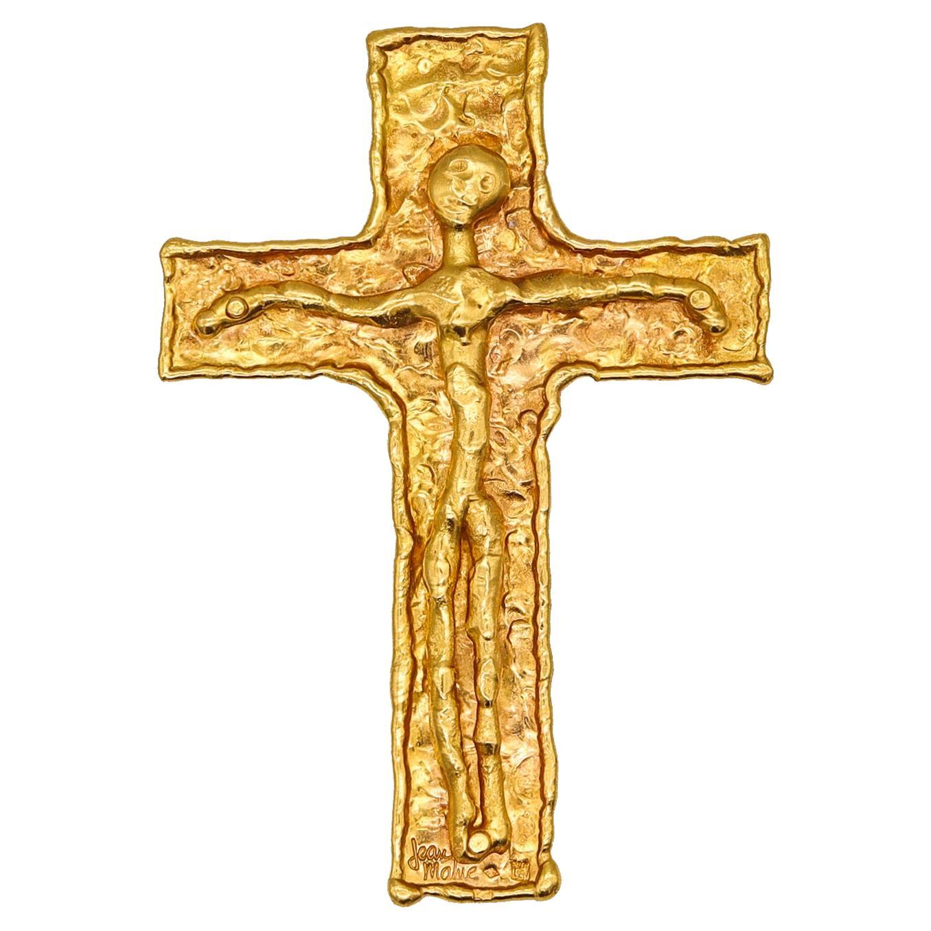 Jean Mahie 1970 Paris Rare Sculptural Cross Pendant in Solid 22Kt Yellow Gold For Sale