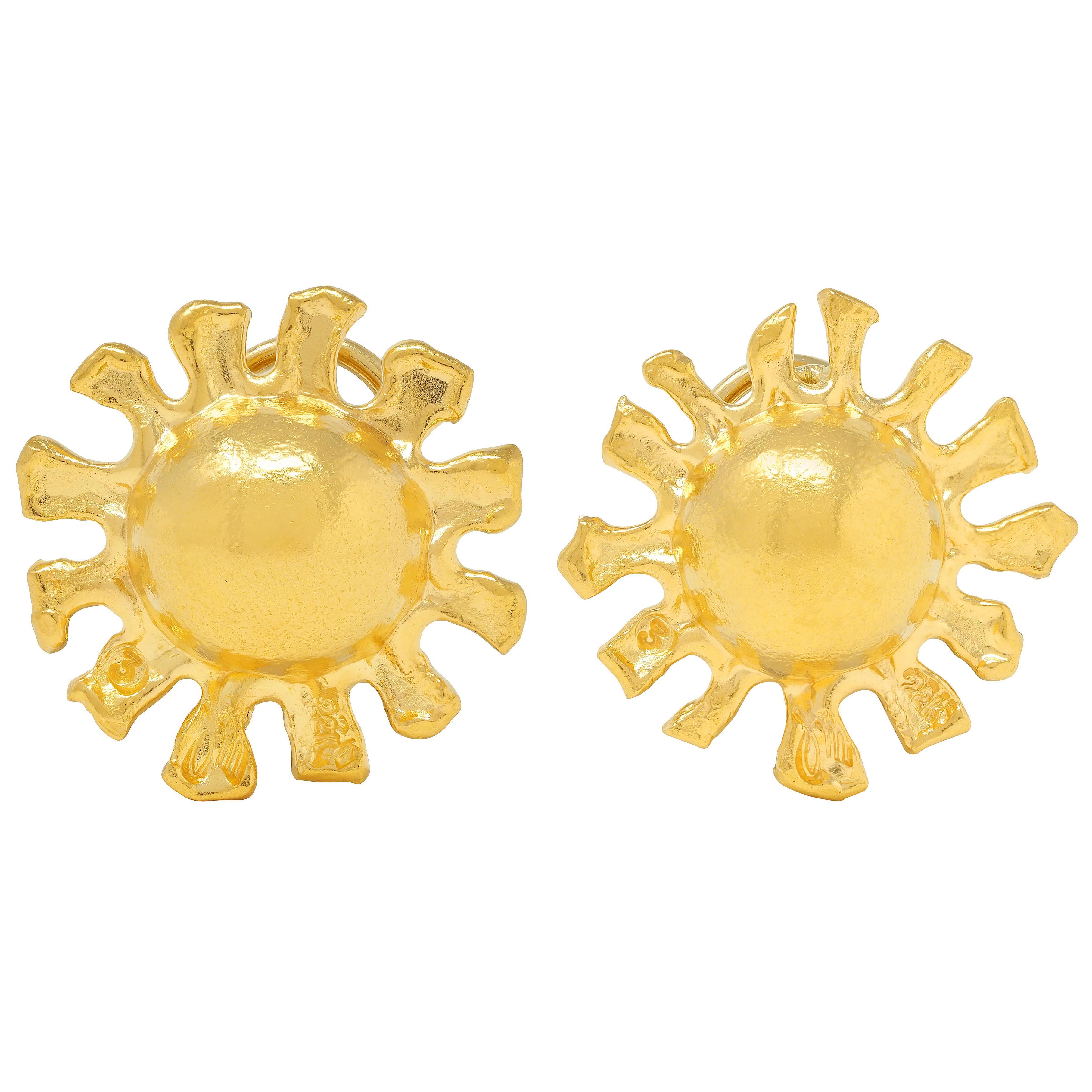 Jean Mahie 1990's 22 Karat Yellow Gold Domed Burst Ear-Clip Earrings