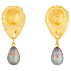 Jean Mahie 22 Karat Gold and Tahitian Pearl Drop Earrings
