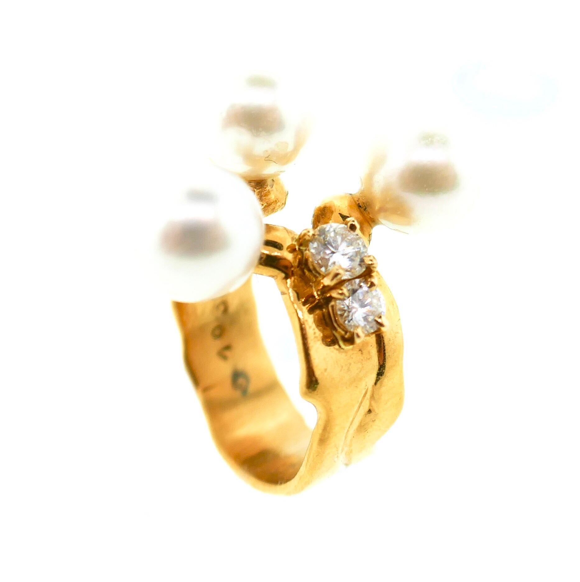 Jean Mahie 22 Karat Yellow Gold Akoya Pearl Diamond Ring 7
