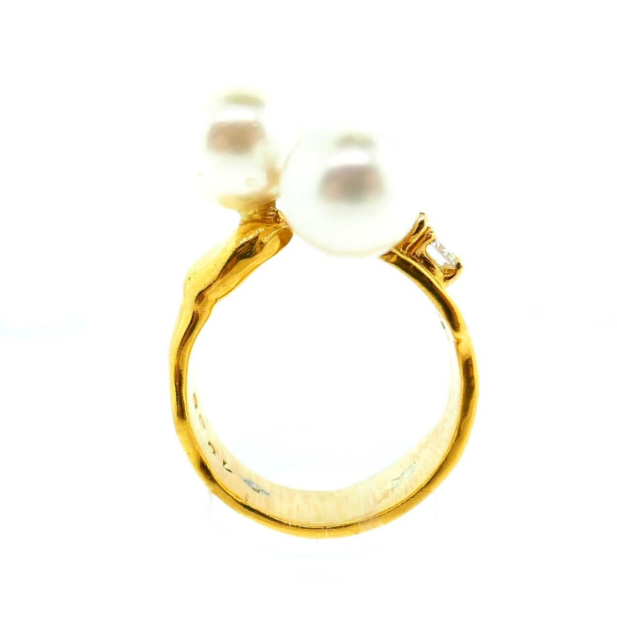 Jean Mahie 22 Karat Yellow Gold Akoya Pearl Diamond Ring 8