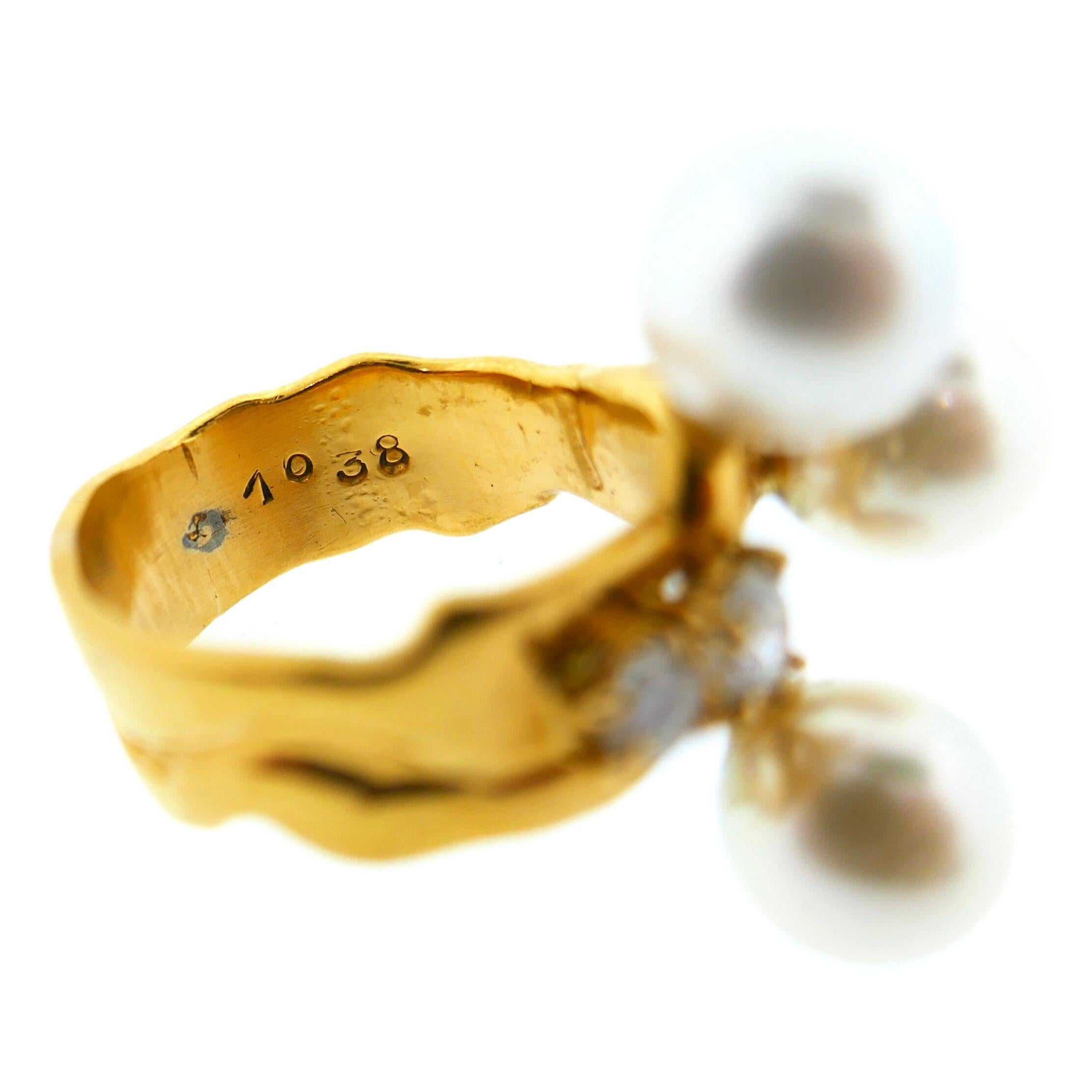 Jean Mahie 22 Karat Yellow Gold Akoya Pearl Diamond Ring 3