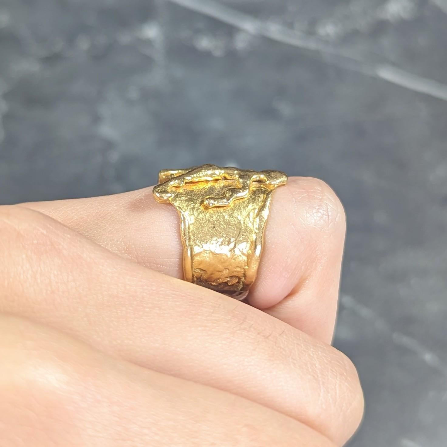 Jean Mahie 22 Karat Yellow Gold Charming Monsters Figural Vintage Wide Band Ring For Sale 4