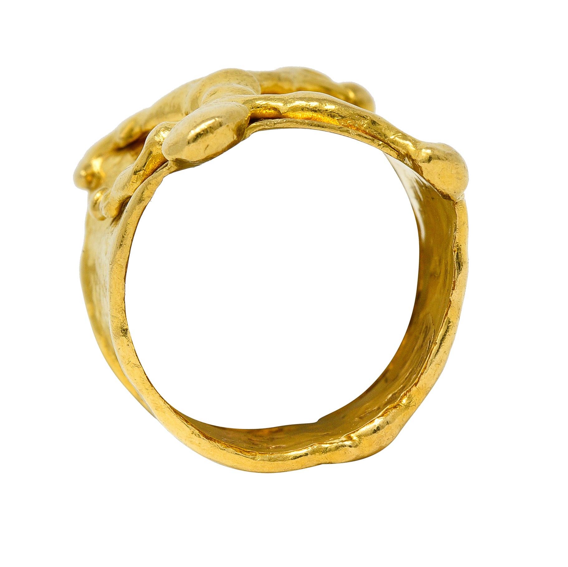 Jean Mahie 22 Karat Yellow Gold Charming Monsters Figural Vintage Wide Band Ring For Sale 2