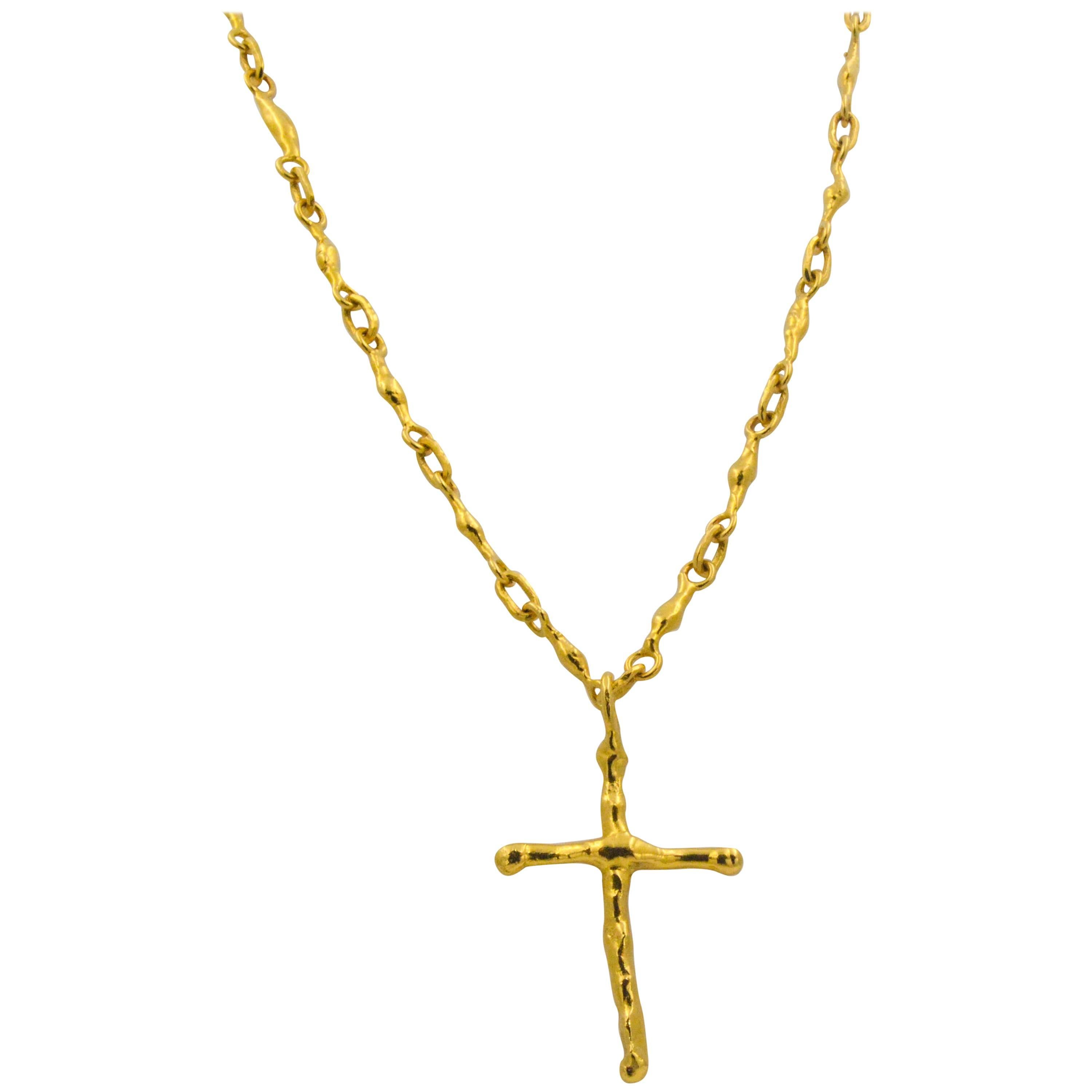 Jean Mahie 22 Karat Yellow Gold Solid Cross, Free-Form Link Chain