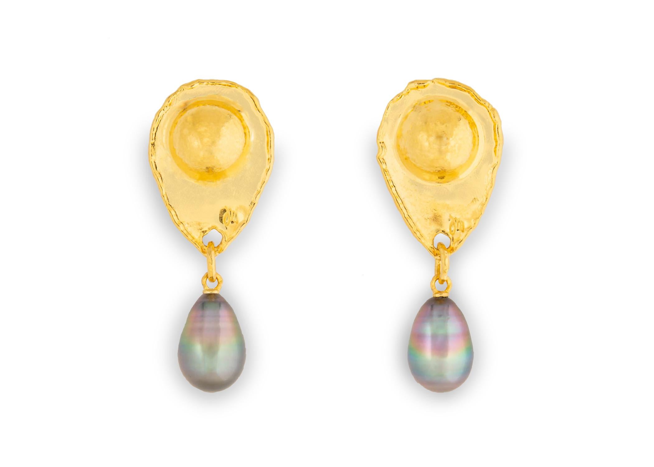 Contemporary Jean Mahie 22 Karat Gold and Tahitian Pearl Drop Earrings