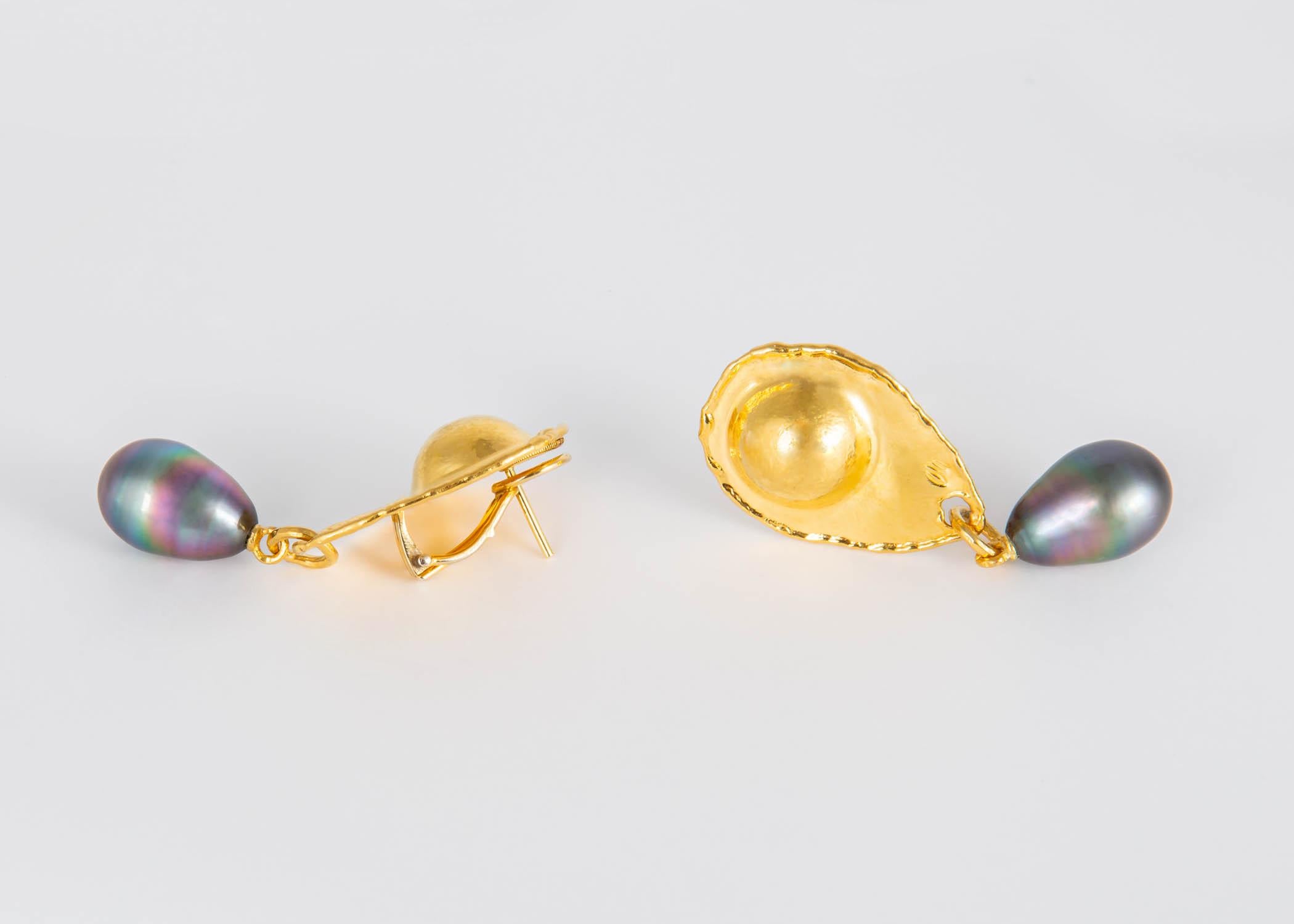 Jean Mahie 22 Karat Gold and Tahitian Pearl Drop Earrings In Excellent Condition In Atlanta, GA