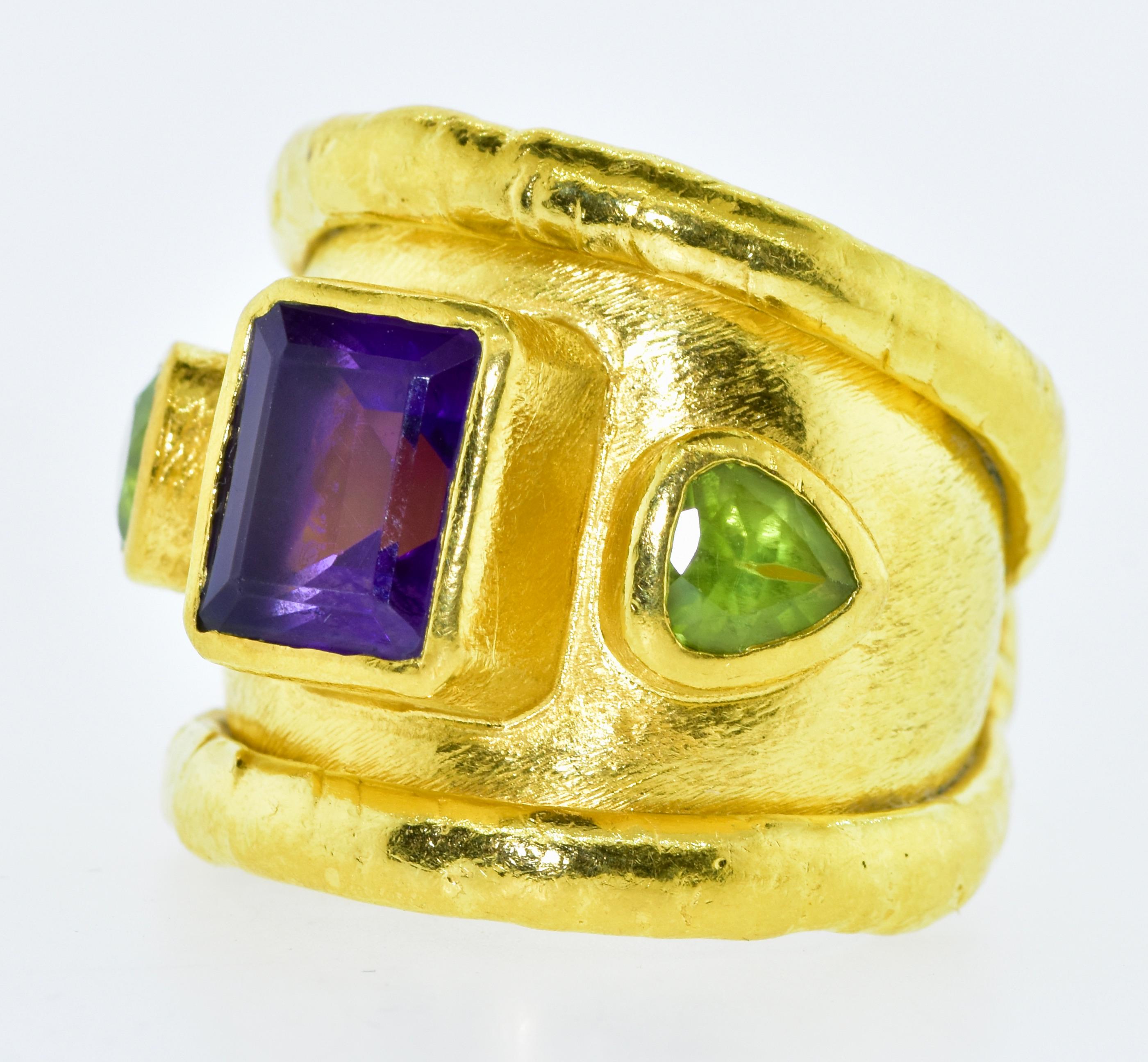 Modernist Jean Mahie 22K Gold Ring with Fine Amethyst and Peridot, French, C. 1990