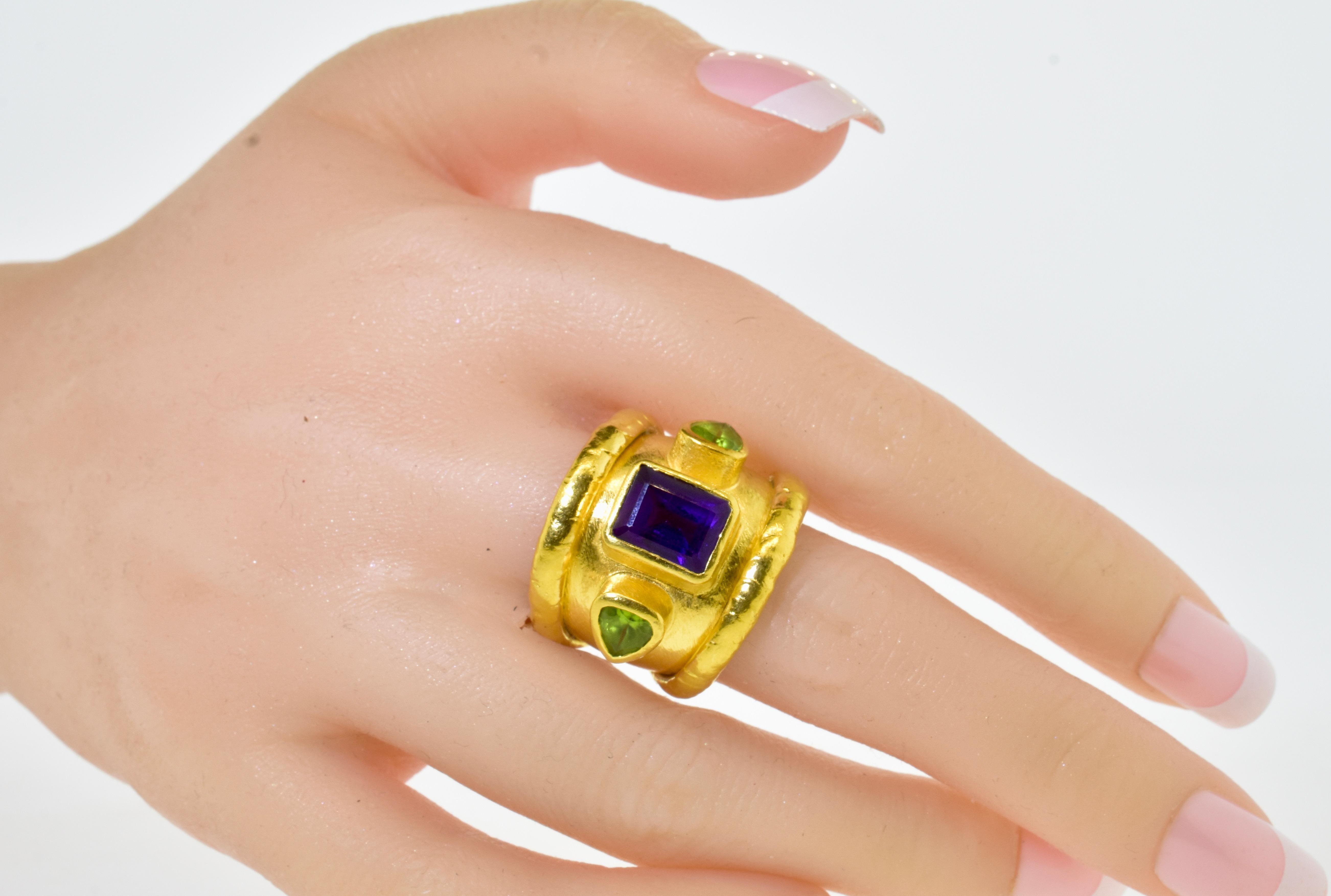Jean Mahie 22K Gold Ring with Fine Amethyst and Peridot, French, C. 1990 1