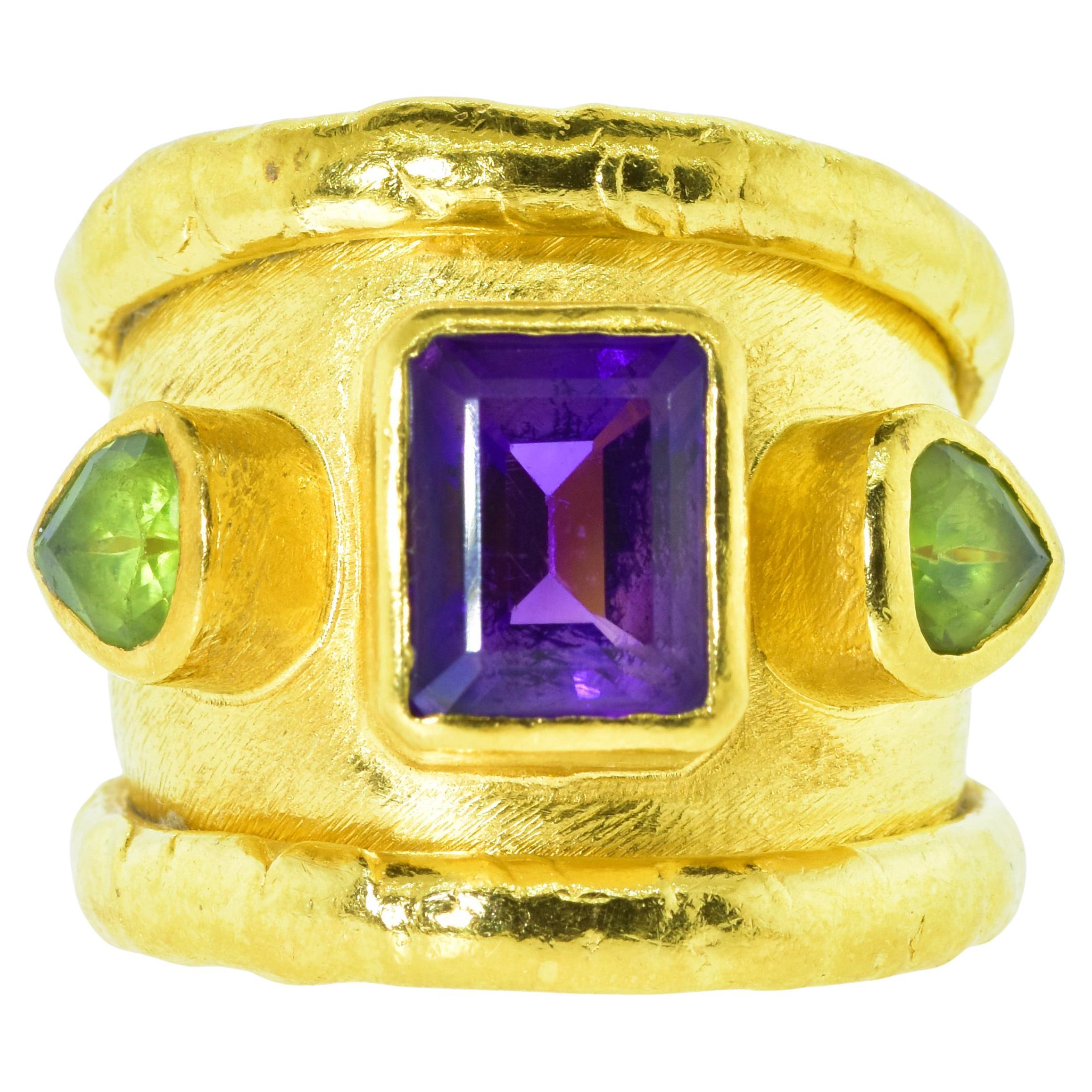 Jean Mahie 22K Gold Ring with Fine Amethyst and Peridot, French, C. 1990