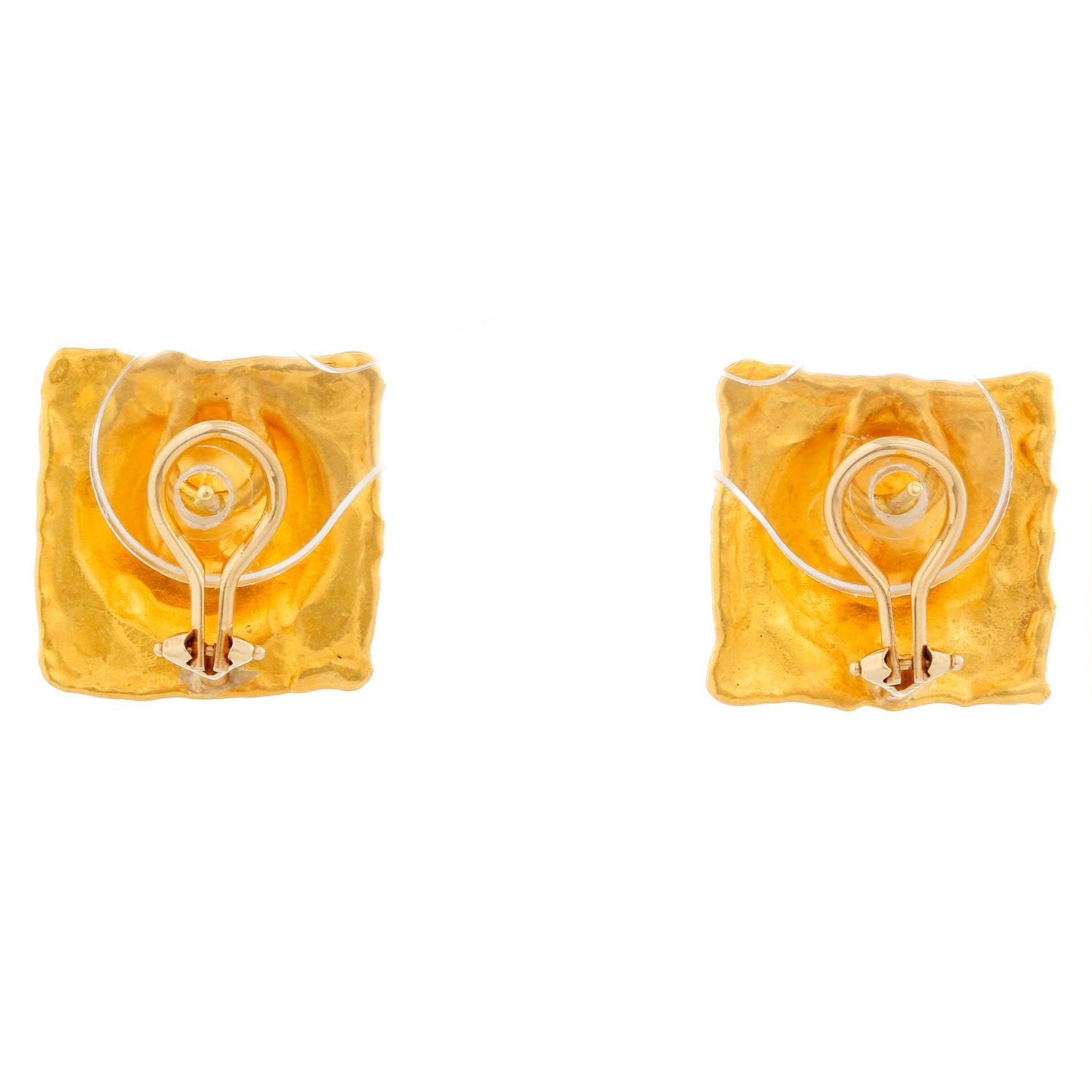 Jean Mahie 22K Square Earrings - Off square design and textured bombe centers, crafted out of 22K yellow gold; each ear clip measures 2.5 x 2.5 cm; weight 20.5g. Signed JM for Jean Mahie; Stamped 22K. Pre-owned with custom box. 