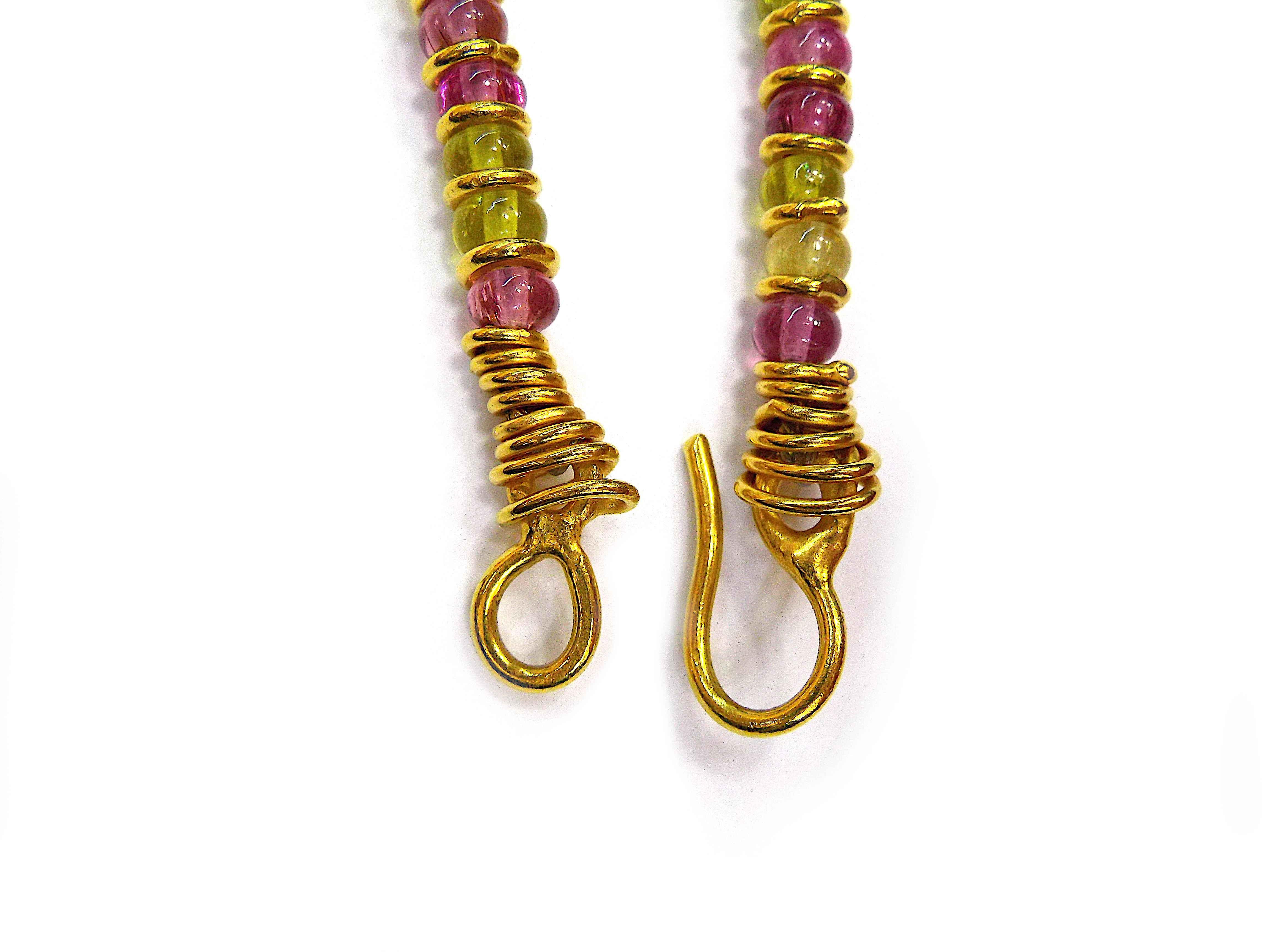 Bead Jean Mahie 22K Yellow Gold Amethyst Peridot Beryl Pendant Necklace Bayadere For Sale