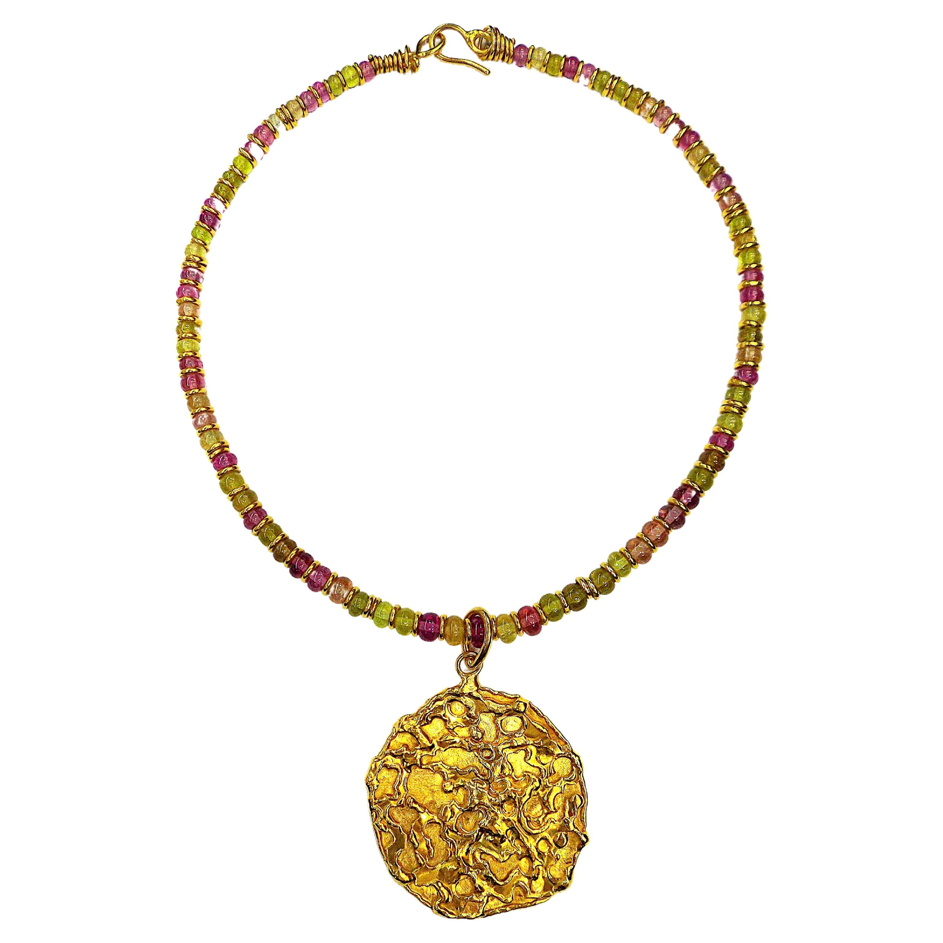 Jean Mahie 22K Yellow Gold Amethyst Peridot Beryl Pendant Necklace Bayadere