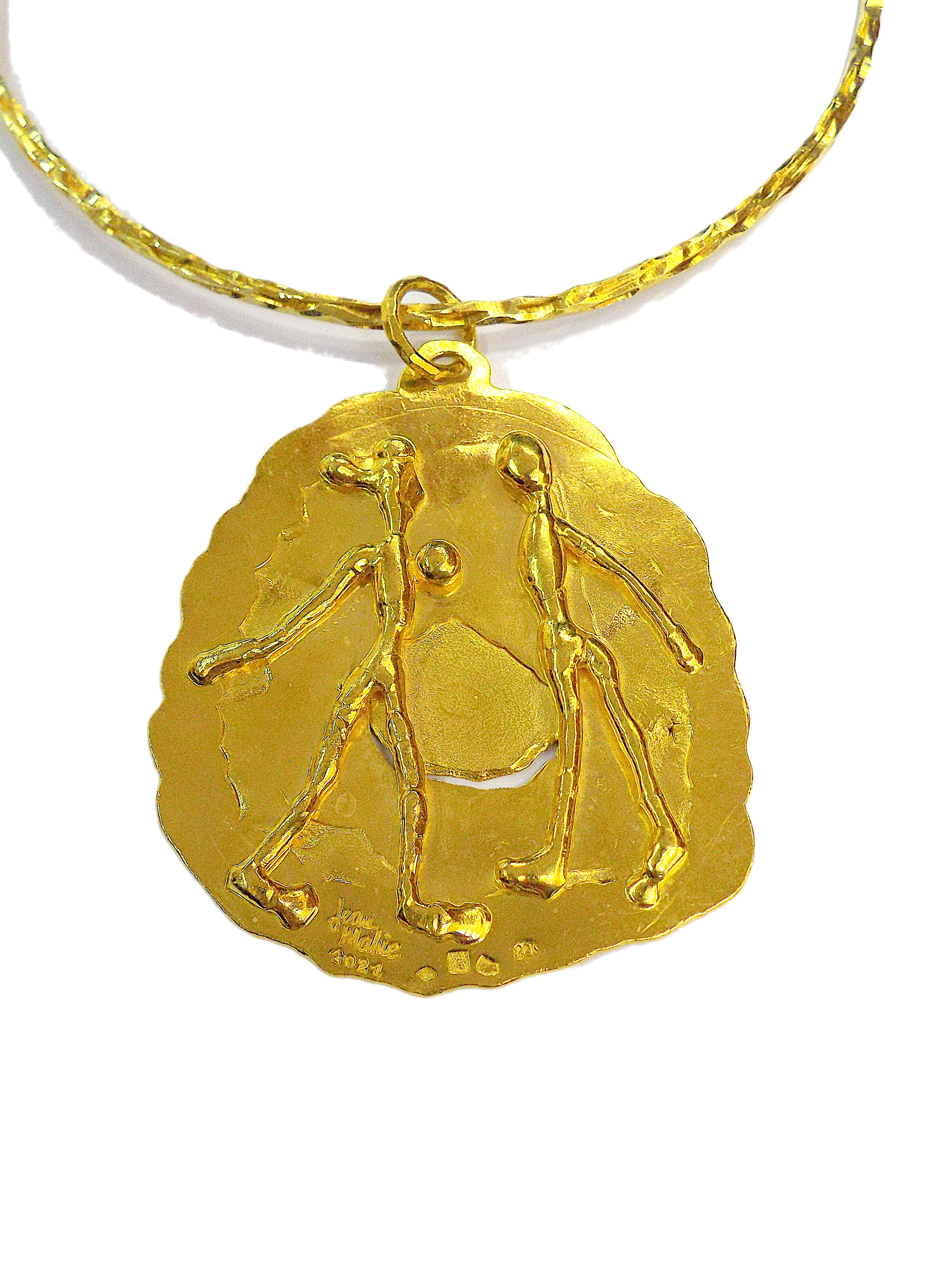 Metal: 22k gold, 18k gold
Gross Weight: 104.23 grams
Pendant Dimensions: 3-1/4 inches x 2-3/8 inches
Necklace Dimensions: 14-1/2 inches x 1/8 inch
The necklace is marked Moba 18k italy and weighs 30.20 grams, the pendant is marked Jean Mahie 22k and