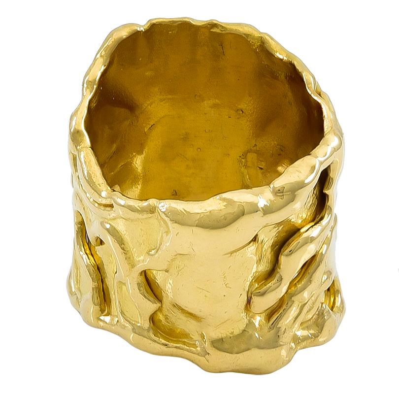 Wearable Art:  designer Jean Mahie crafts completely unique jewelry, no two pieces are the same.
This captivating example is handmade in 22K yellow gold, a sensuous sculptural free-form wide band ring.  The ring is approximately 1