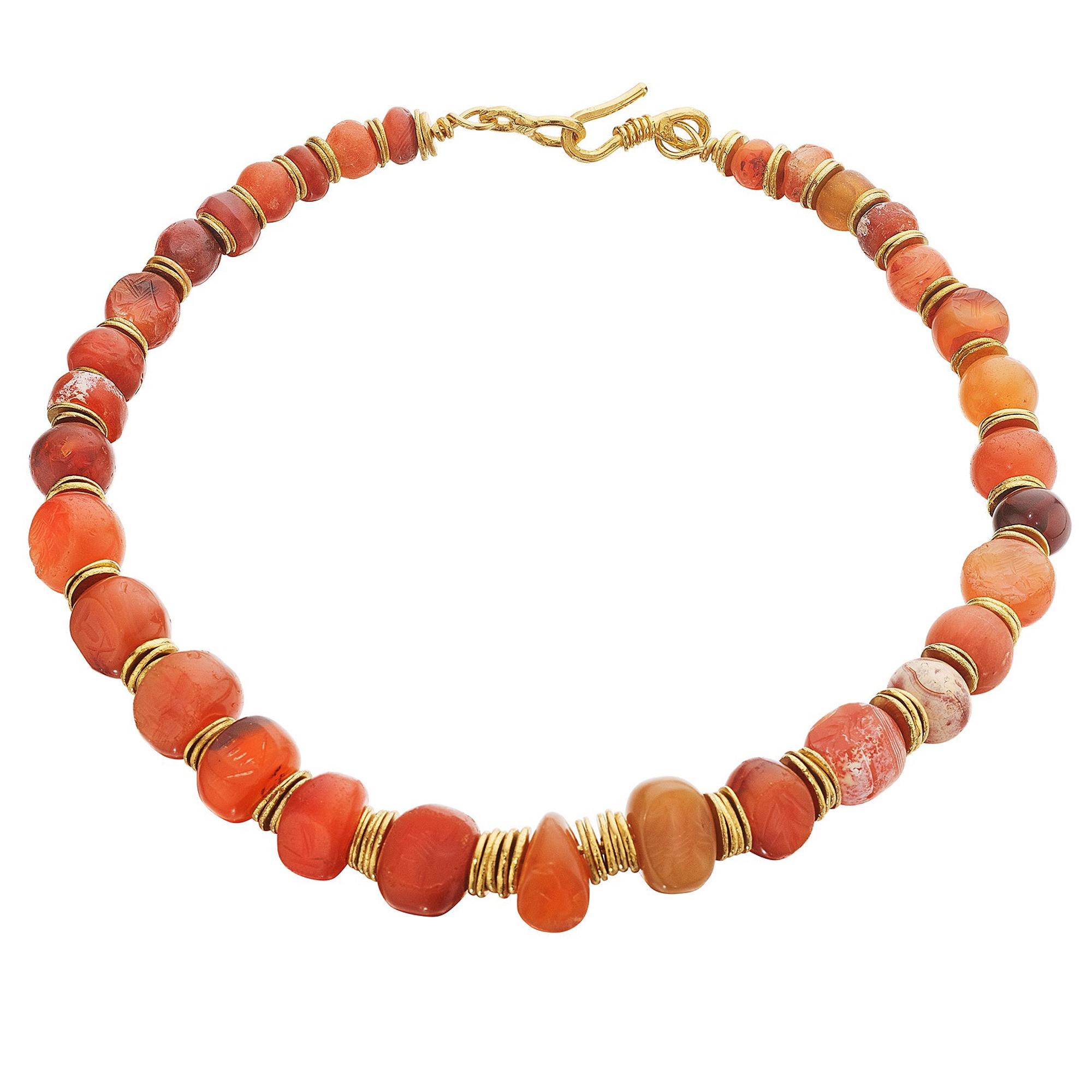 Jean Mahie Ancient Carved Mesopotamia Cornelian Bead Gold Choker Necklace