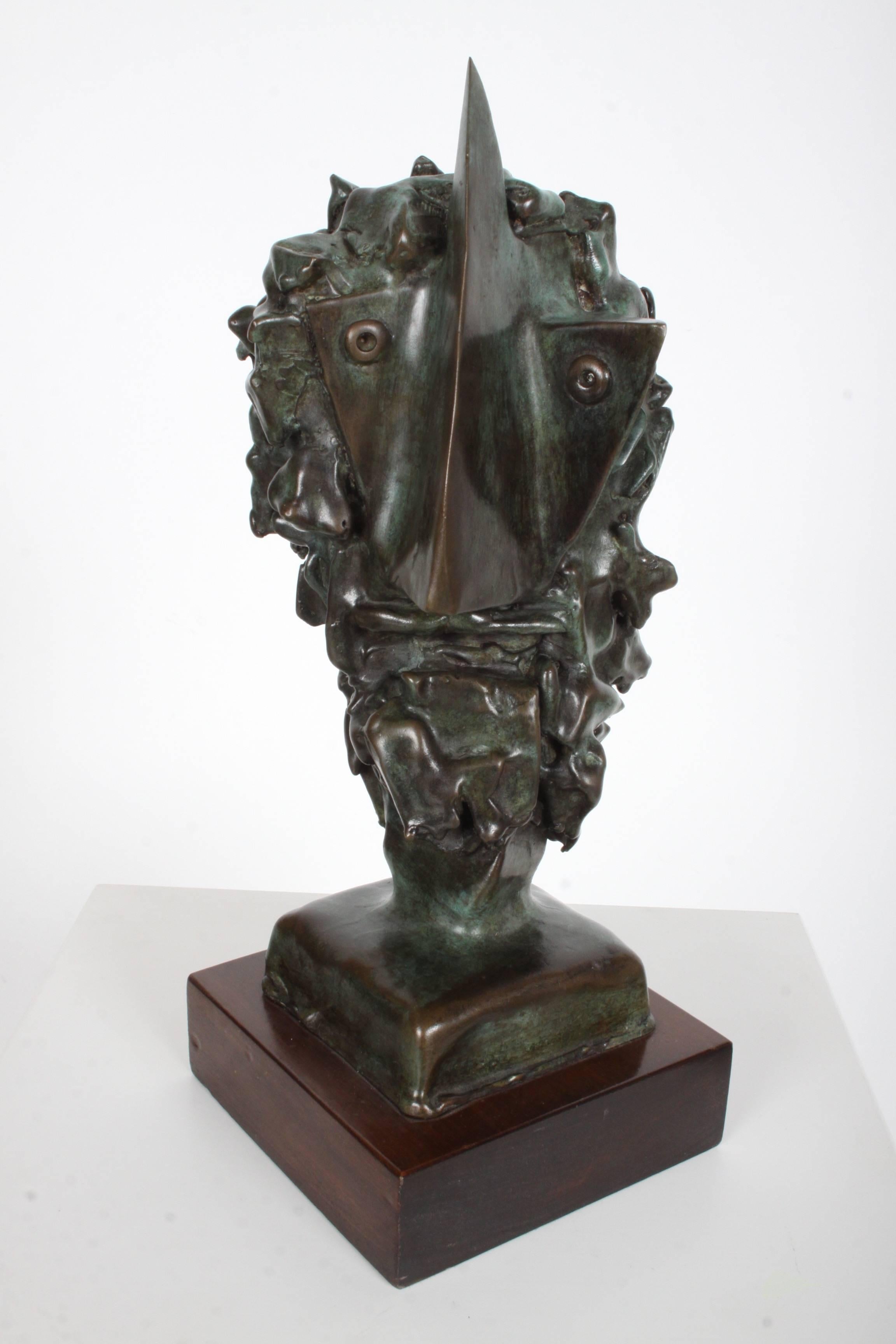 Jean Mahie Bronze Cubist Head Sculpture Titled Veneration For Sale 9