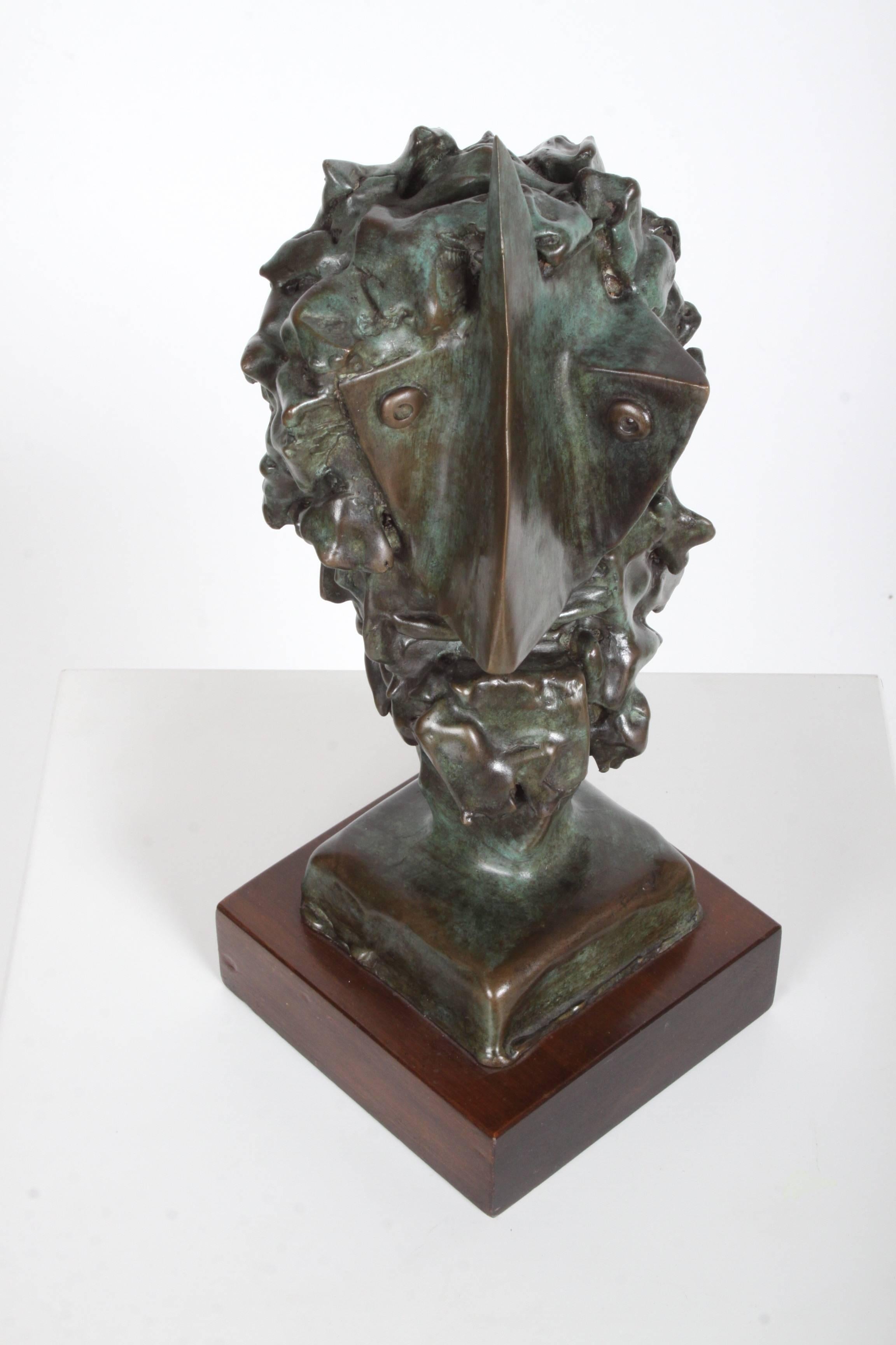 Jean Mahie Bronze Cubist Head Sculpture Titled Veneration In Excellent Condition For Sale In St. Louis, MO