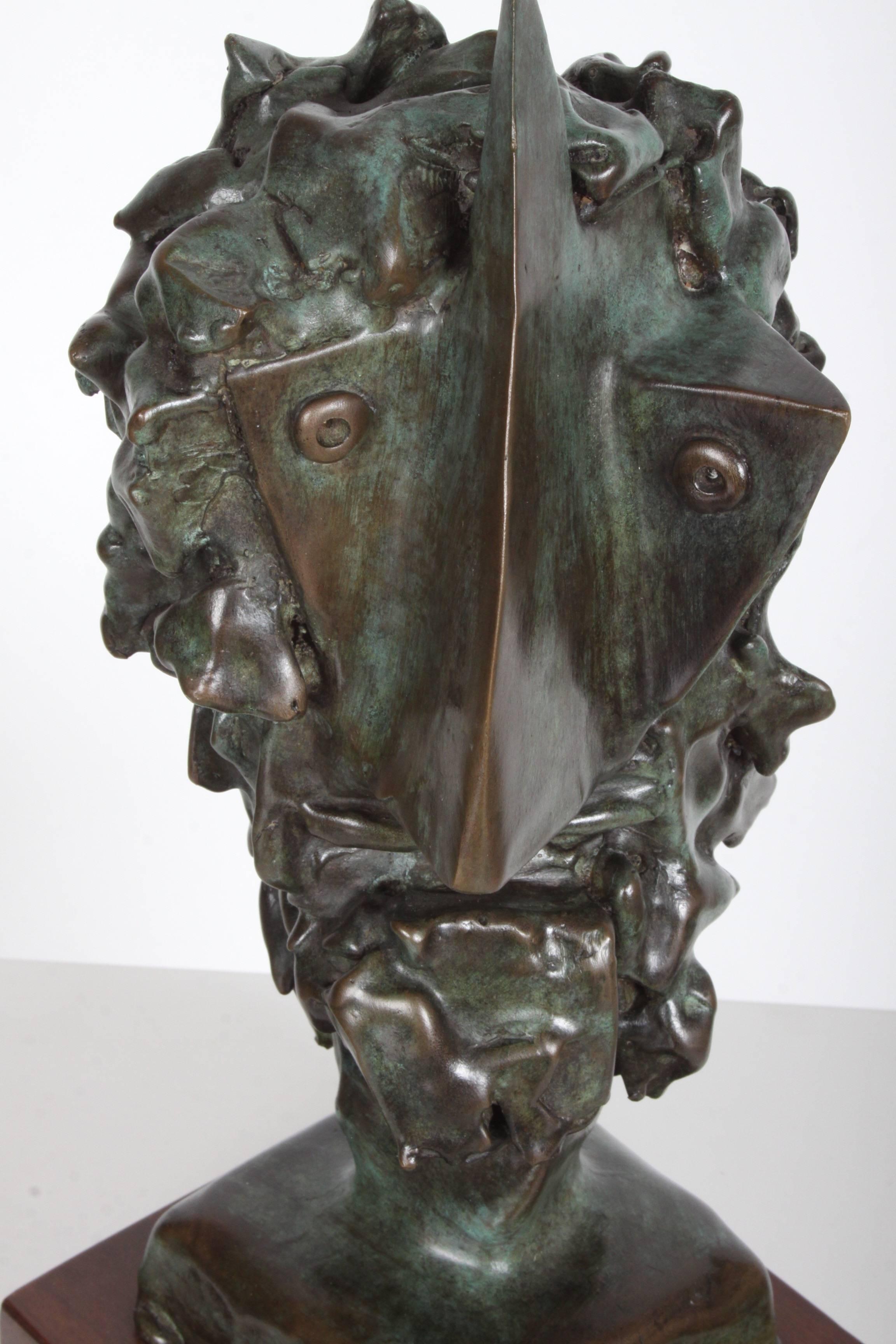 Late 20th Century Jean Mahie Bronze Cubist Head Sculpture Titled Veneration For Sale