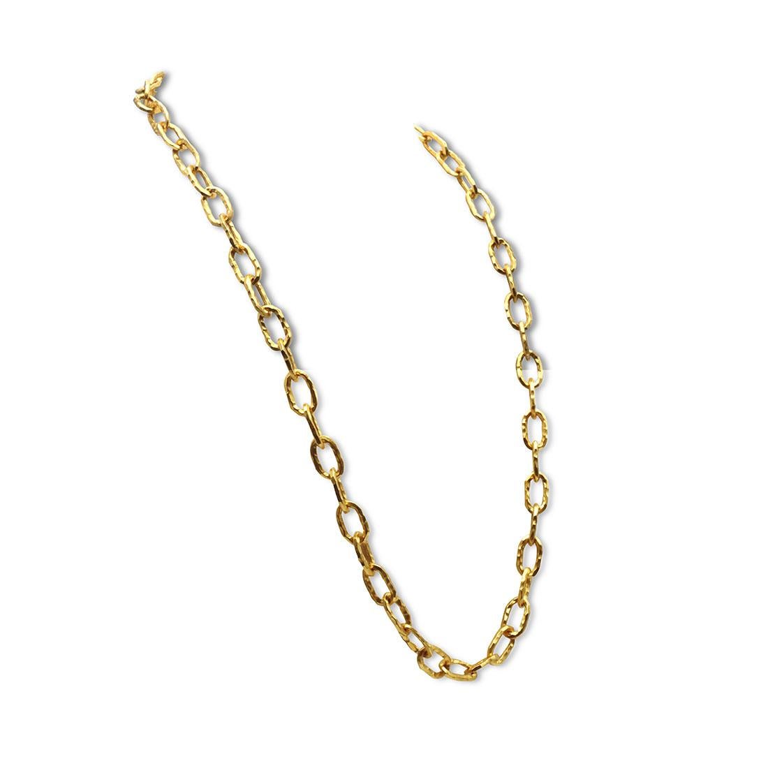 Authentic Jean Mahie 'Cadene' necklace crafted in 22 karat yellow gold features 54  hand-hammered oval links. This eye-catching chain is adjustable and includes a separate 5 inch extension. Excluding the extension, the necklace measures 28 inches