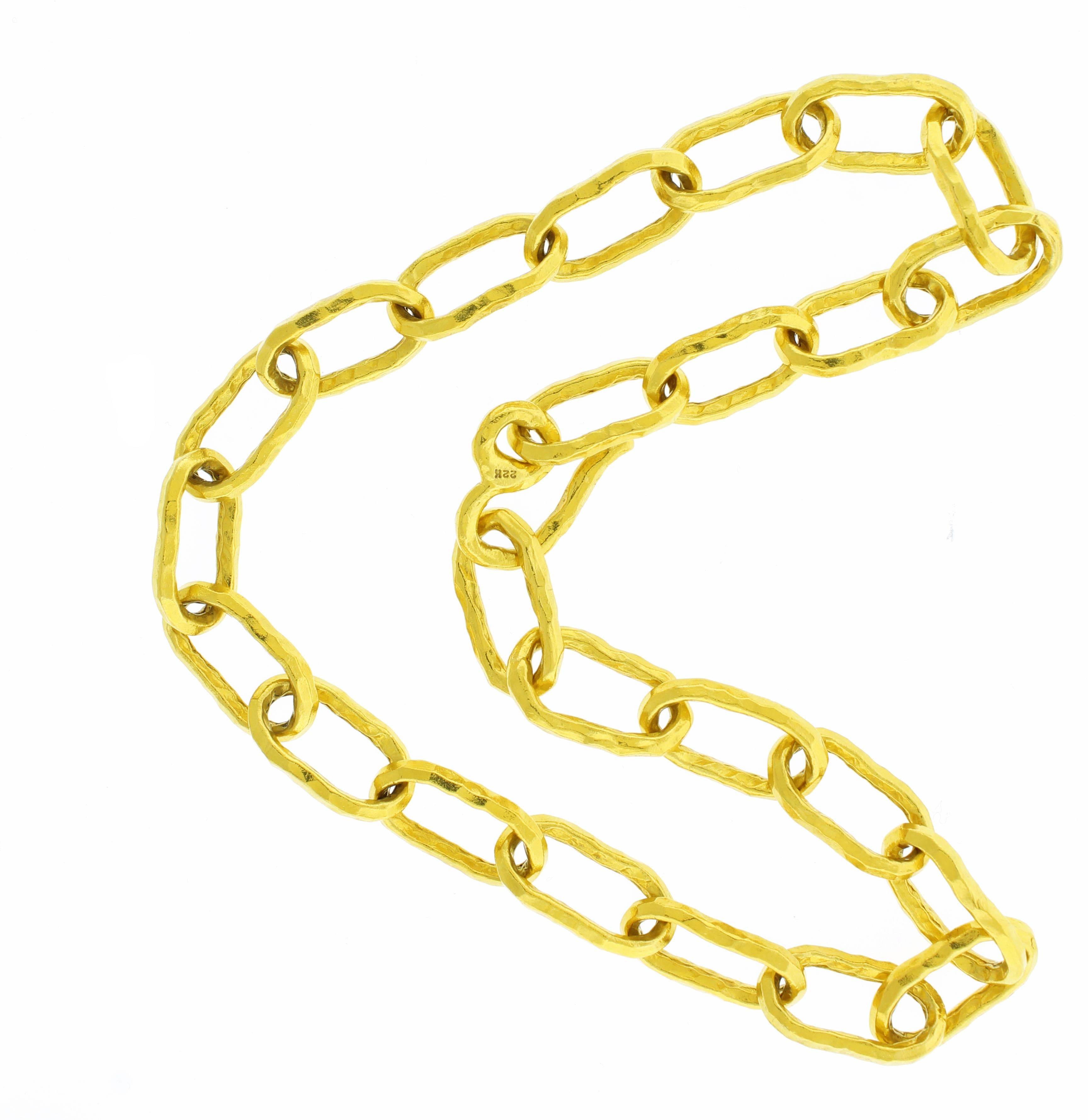 This classic Jean Mahie Large Cadene chain necklace features a textured finish on its 22kt yellow gold links that has made Jean Mahie famous.  This Jean Mahie Cadene chain is 18 inches long. 