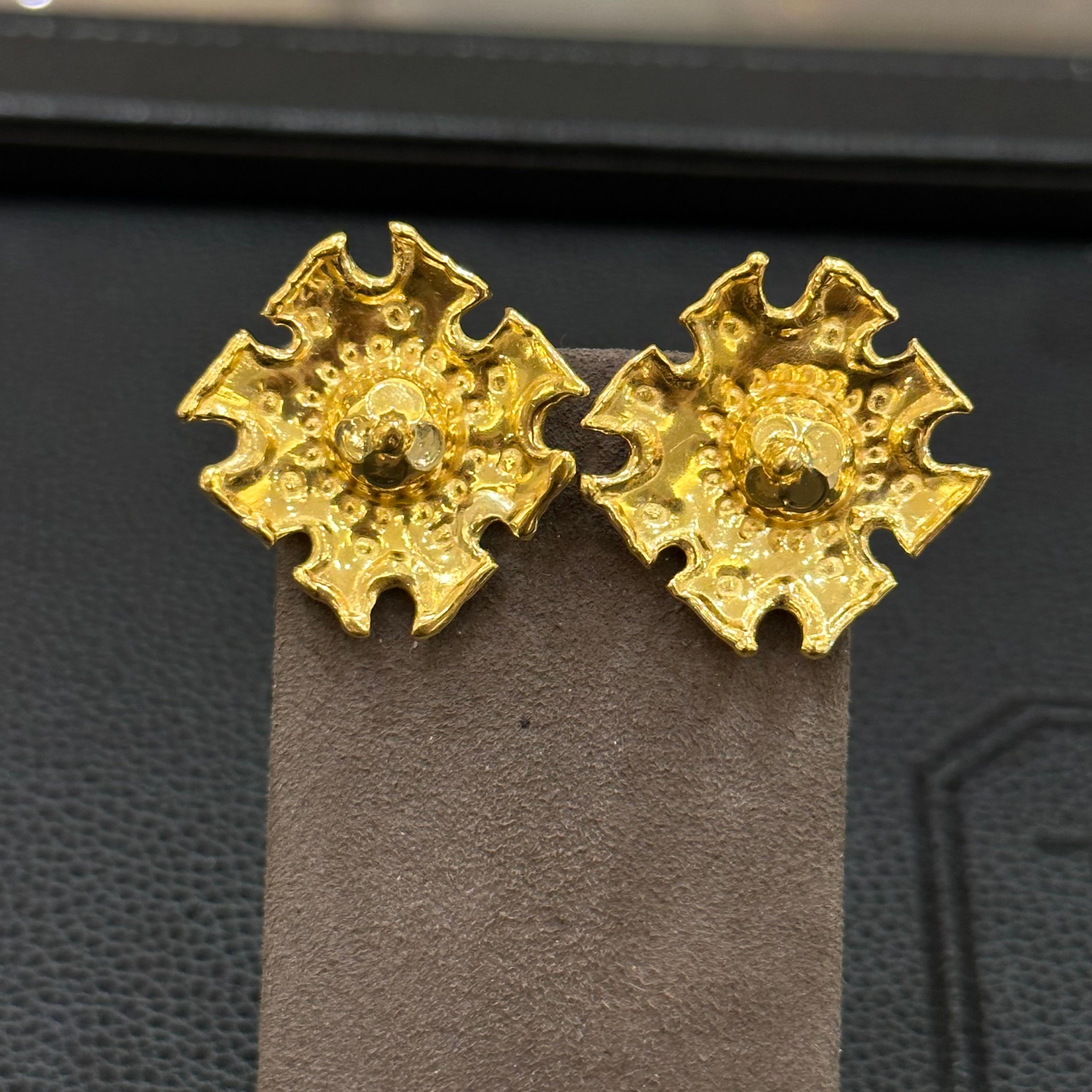 22K Jean Mahie Earrings. Square with Indented Edges and Small Dome Center. 13.50 Grams of 22K Gold.
