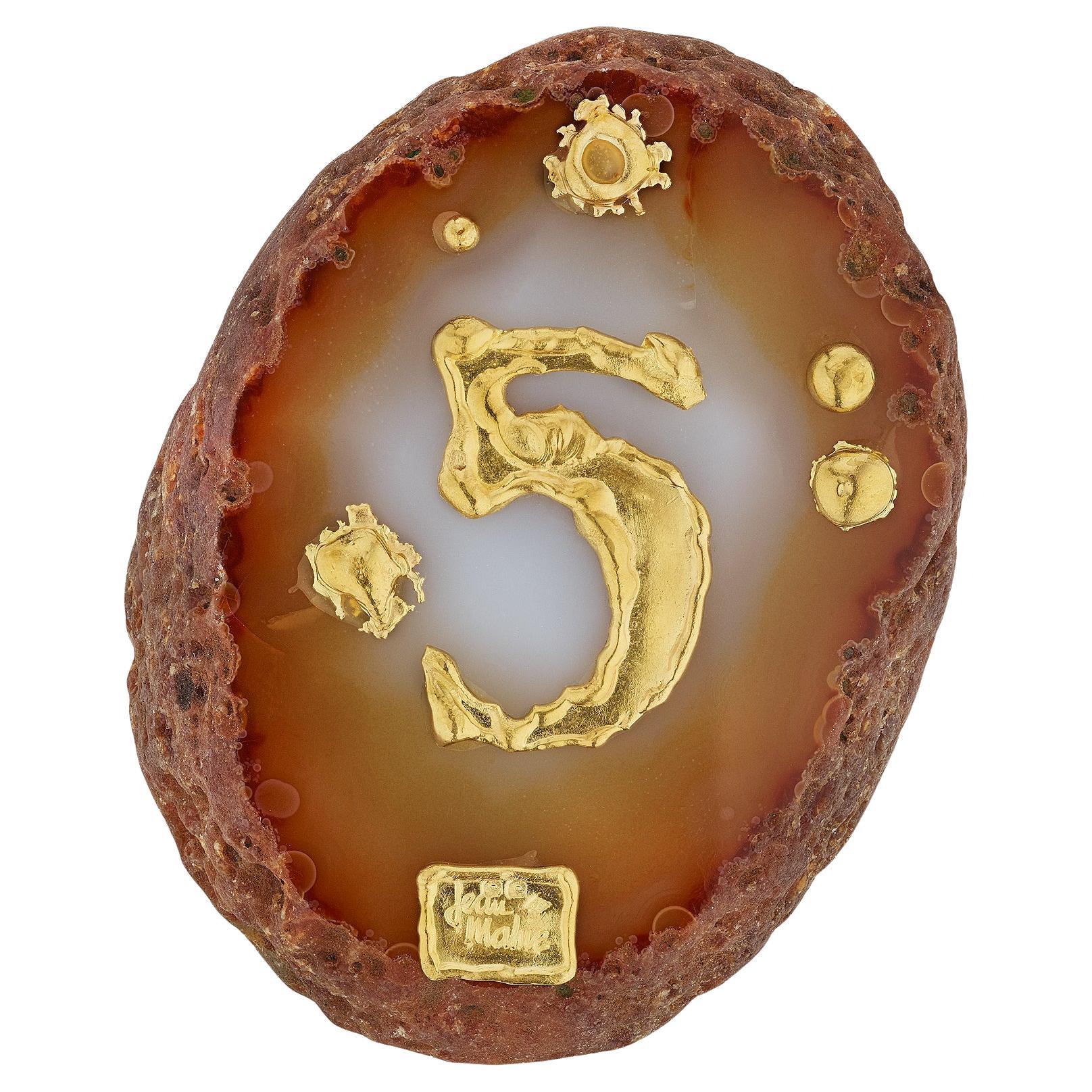 Rock it!  If your lucky number is five, this Jean Mahie France agate stone and 22 yellow gold vintage small sculpture will make you always feel the beat.  Signed Jean Mahie.  Circa 1990. Height is approximately 3