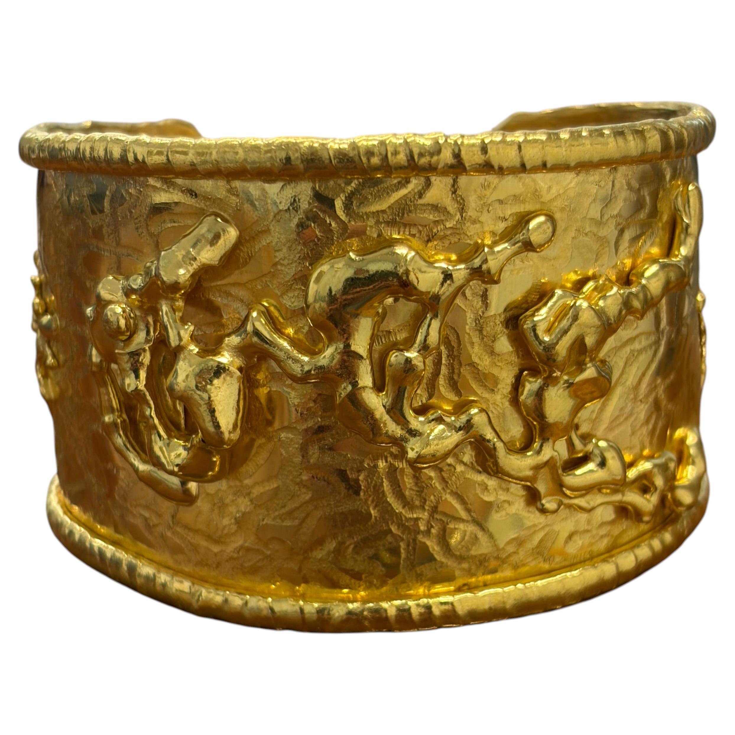 Pre-owned Jean Mahie French 22k Yellow Gold Charming Monsters Cuff Bangle Bracelet Vintage