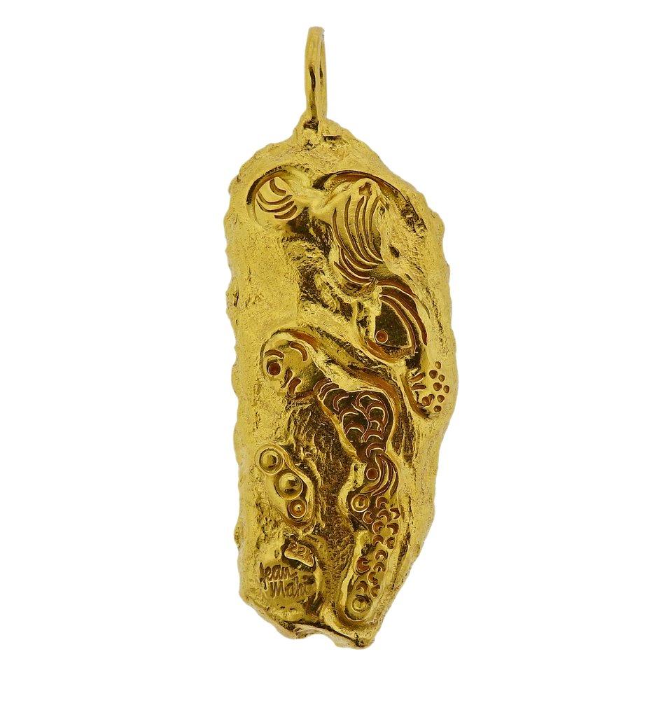Large 22k gold abstract pendant by Jean Mahie. Pendant measured:  76mm x 27mm. Weight is: 51.3 Grams. Marked:  22k Jean Mahie.
***Pictured necklace/chain is not included - for size reference only***