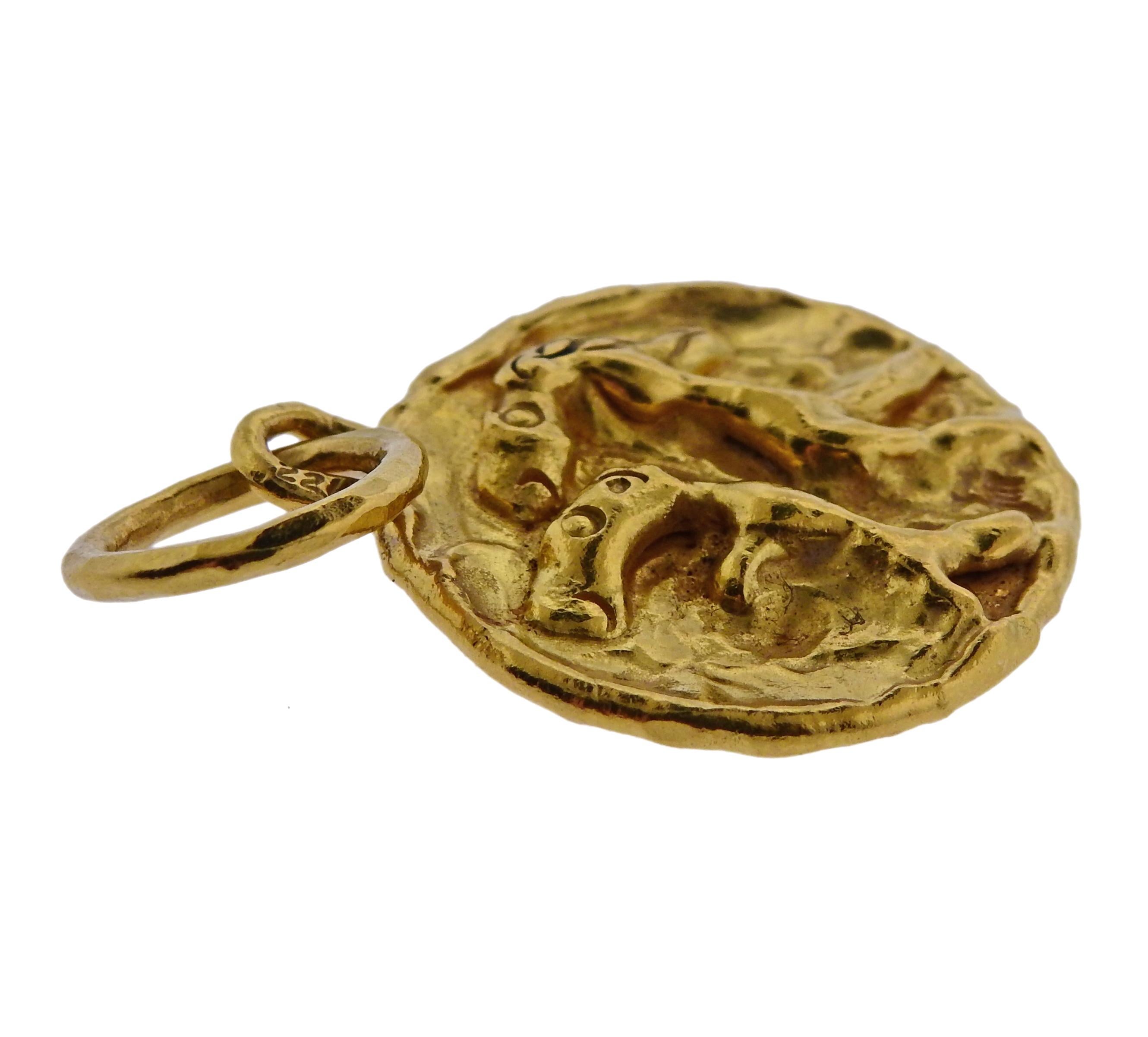 22k yellow gold abstract pendant, designed by Jean Mahie.  Pendant is 30mm in diameter and 45mm long with bale, weighs 23.3 grams. Marked: M signature, 22k.