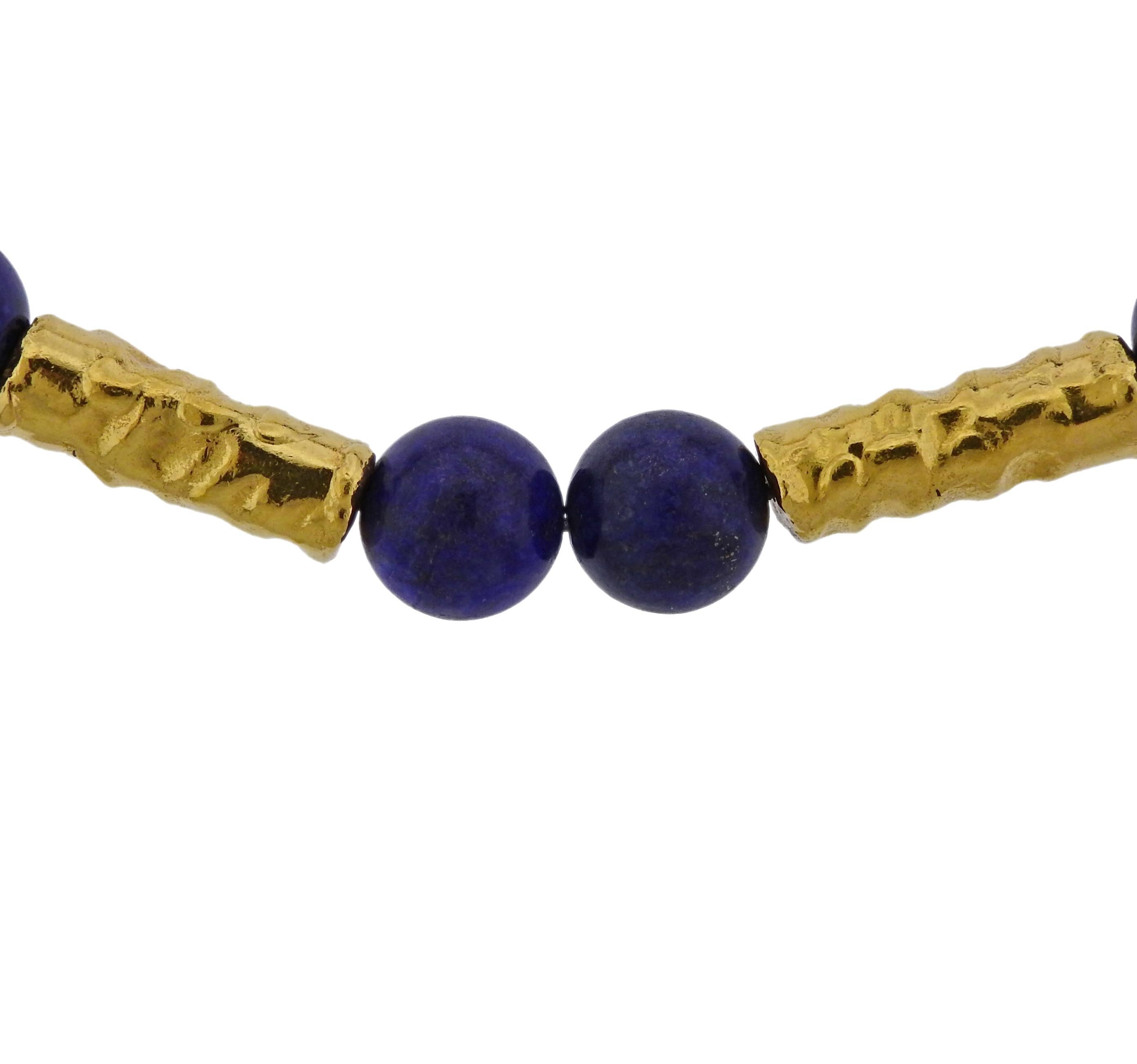 22k gold link necklace, crafted bu Jean Mahie, decorated with 12mm lapis beads.  Necklace is 14