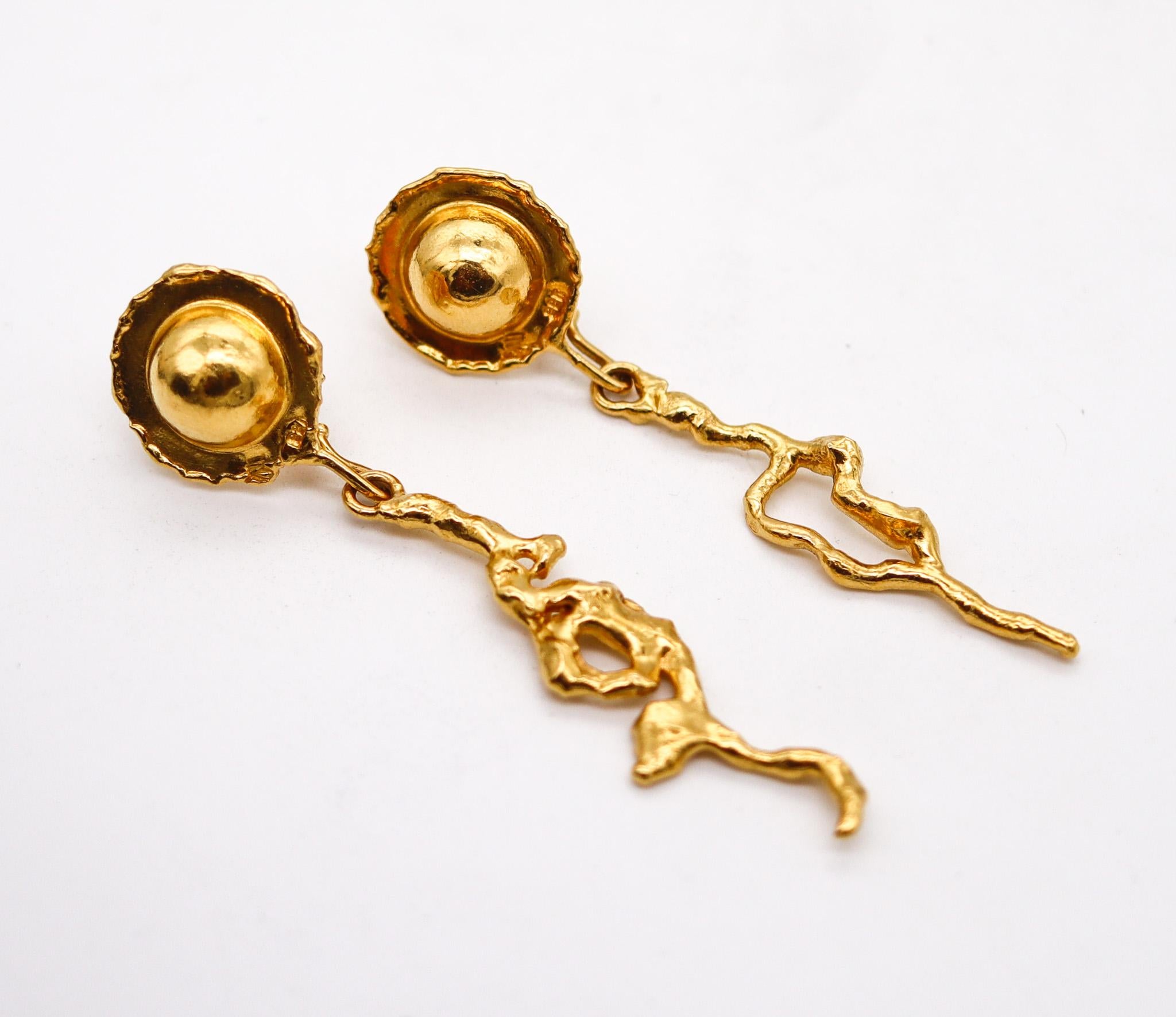 Modernist Jean Mahie Paris Artistic Convertible Dangle Earrings Textured 22k Yellow Gold For Sale