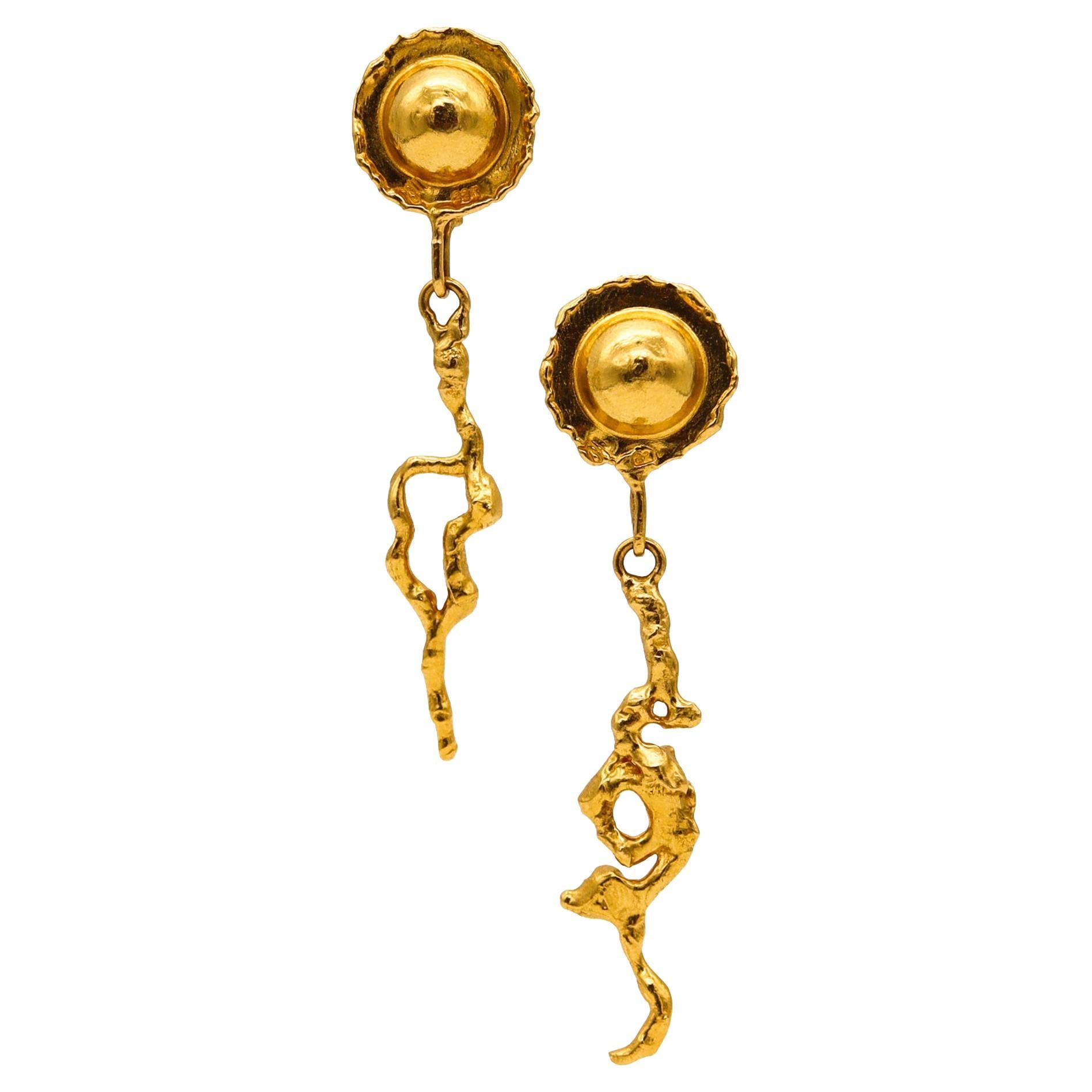 Jean Mahie Paris Artistic Convertible Dangle Earrings Textured 22k Yellow Gold For Sale