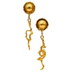 Jean Mahie Paris Artistic Convertible Dangle Earrings Textured 22k Yellow Gold