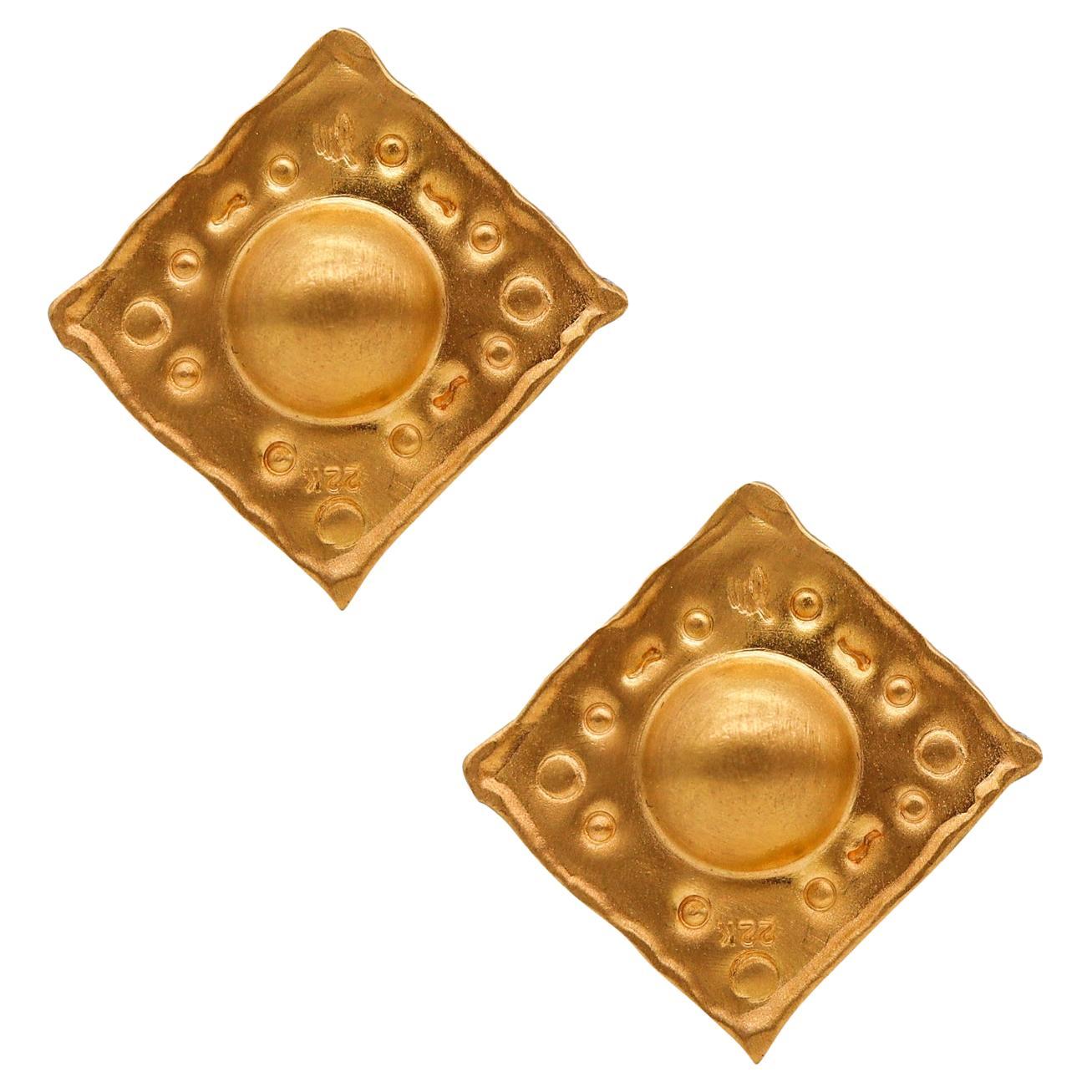 Jean Mahie Paris Artistic Vintage Squared Clips Earrings in Textured 22Kt Yellow For Sale