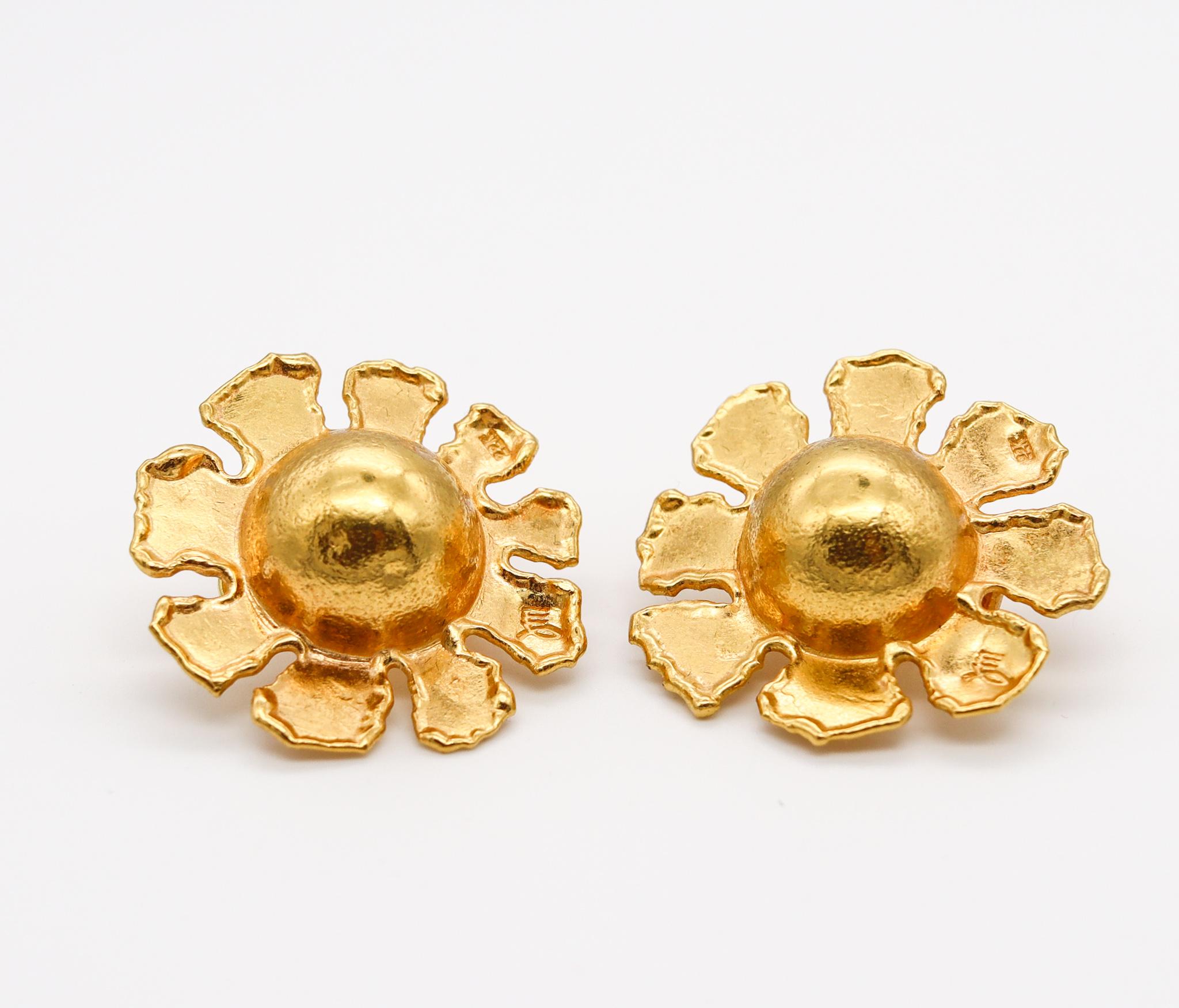 Modernist Jean Mahie Paris Rare Vintage Sunburst Earrings in Textured 22Kt Yellow Gold